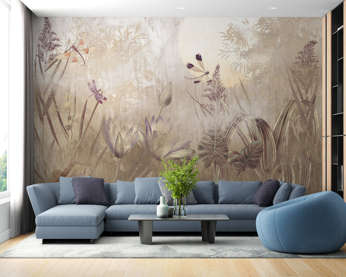 Serene dragonfly pond mural
