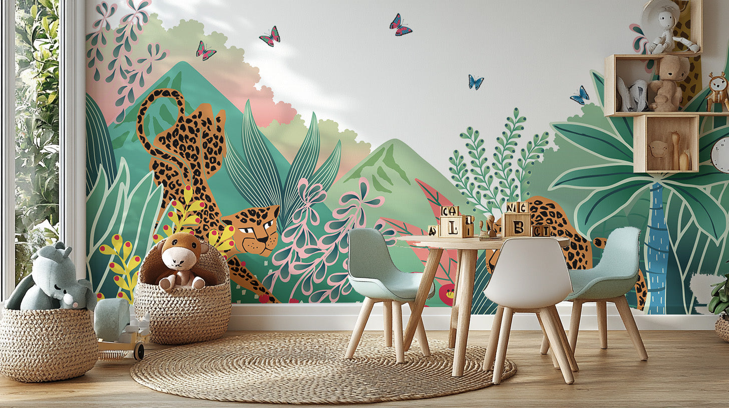 Tropical jungle with leopards and giraffe art
