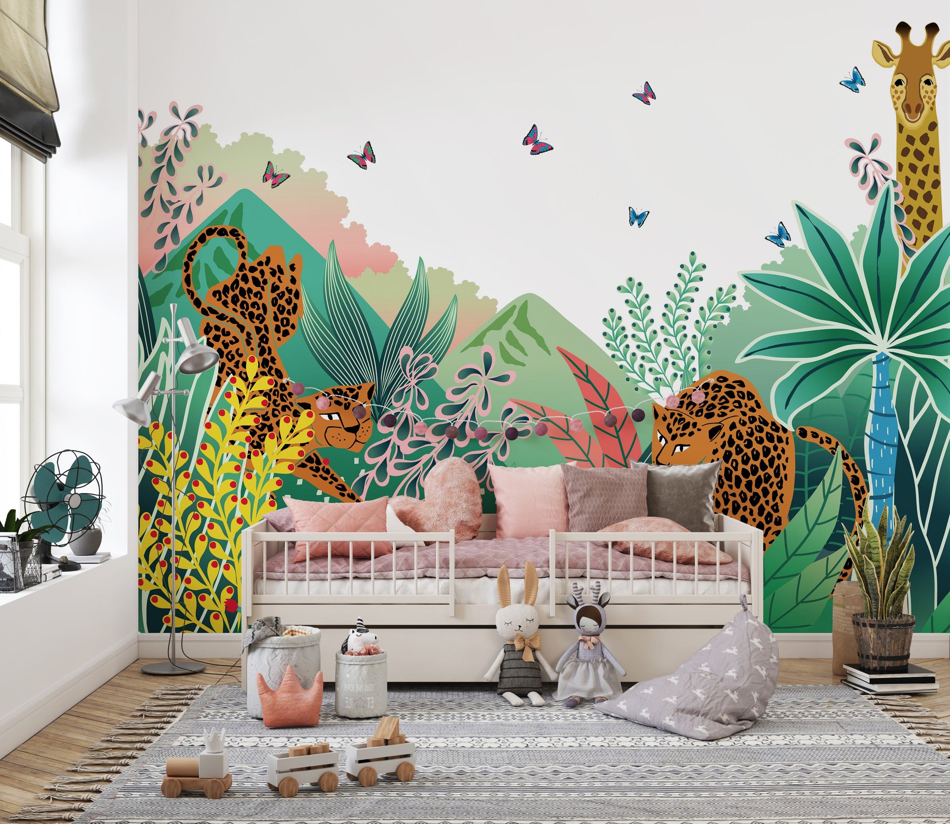 Fun wildlife mural with jungle plants and animals
