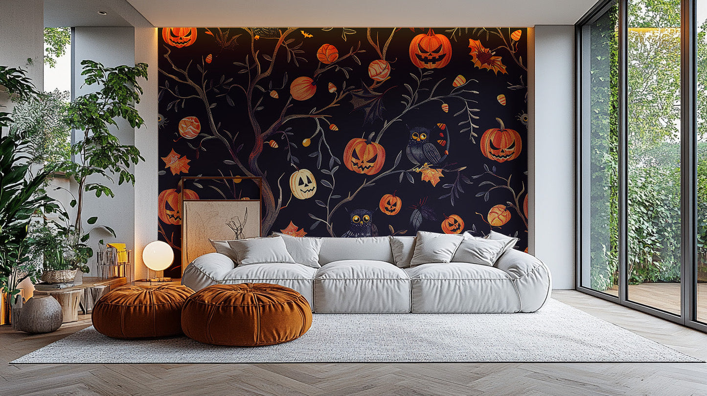 Halloween Pumpkins Owls Wallpaper Mural - Giffywalls