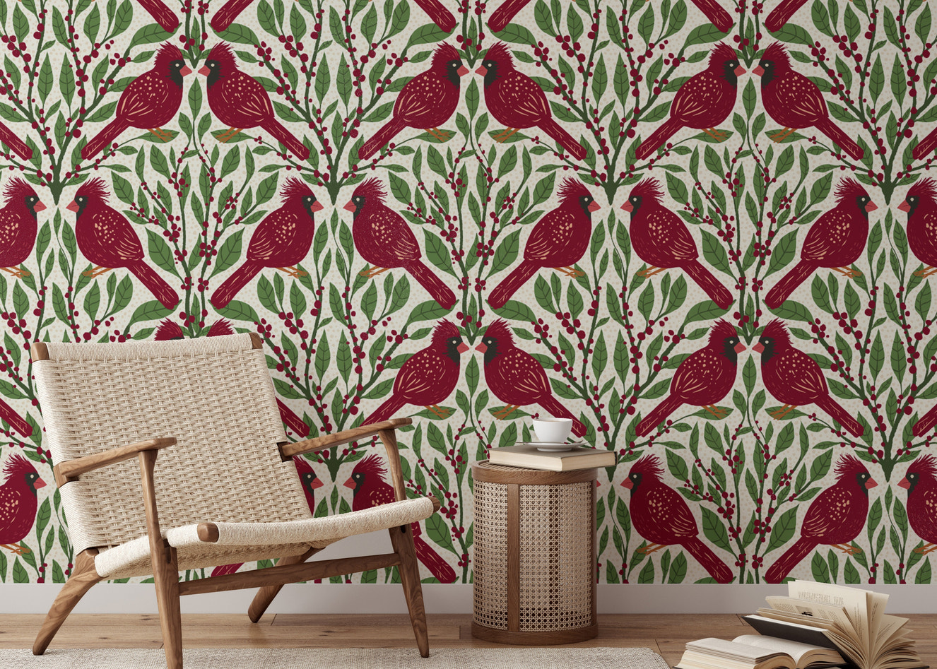 Nature-themed cardinal wallpaper in rich burgundy tones.
