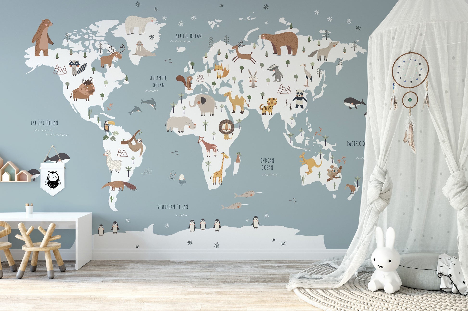 Cute animal map wallpaper for playroom decor
