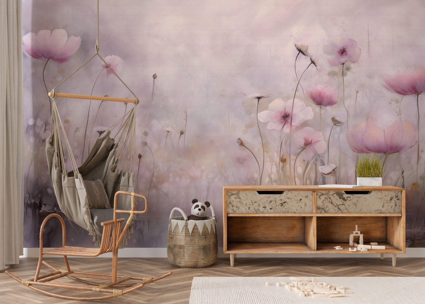 Pink water poppies floral wallpaper for a serene, elegant room.