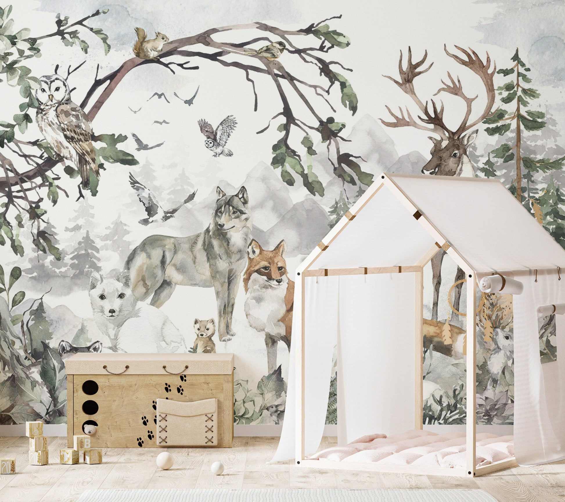 Watercolor Woodland Animal Wall Mural
