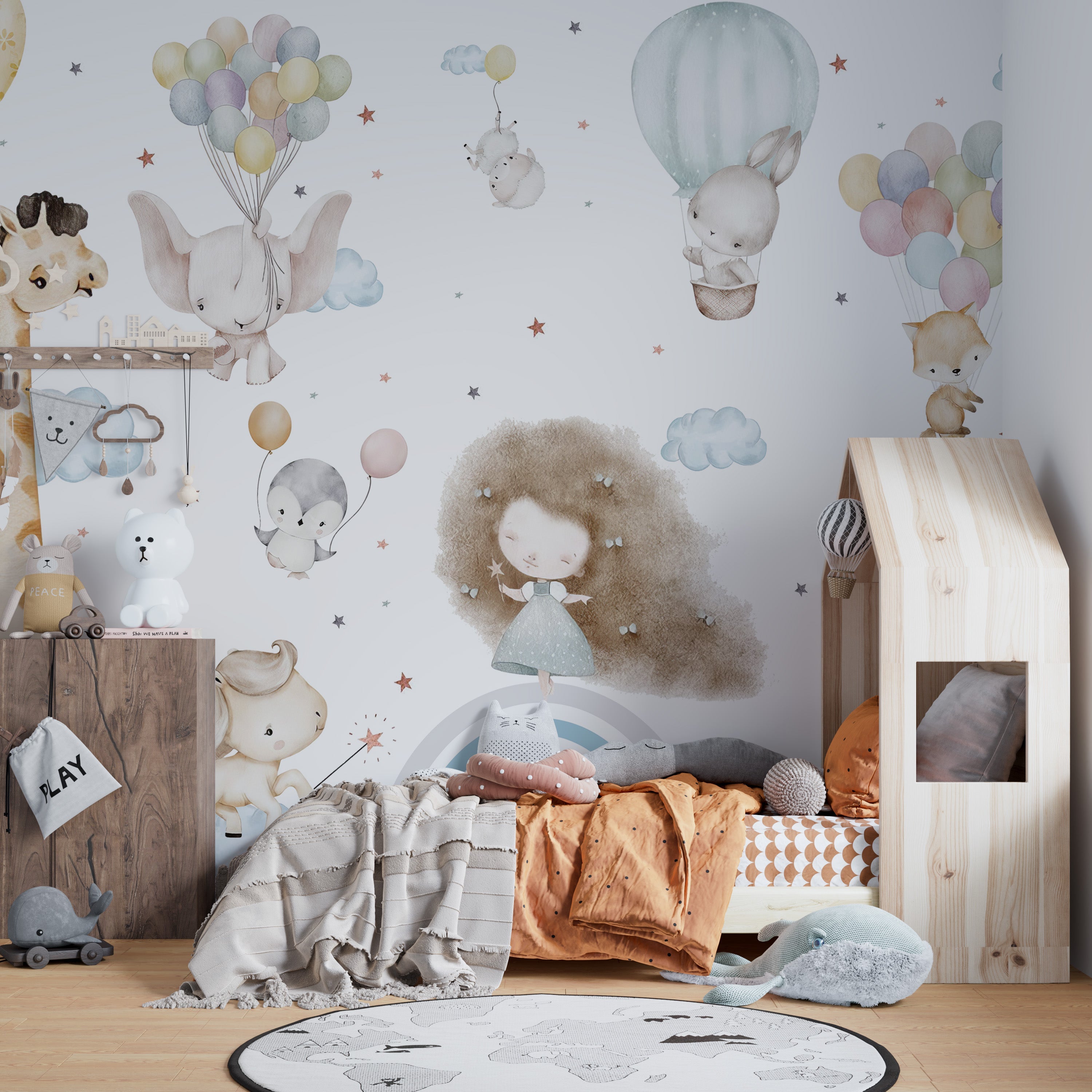 Playful cloud wallpaper featuring cheerful mural companions.
