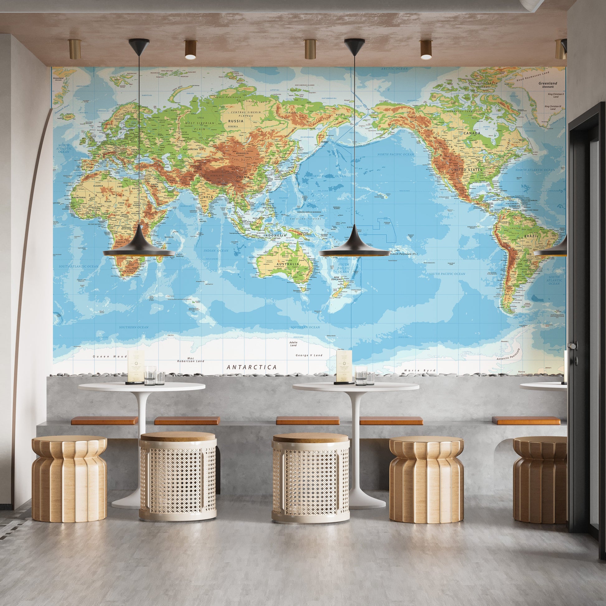 Pacific View Detailed World Map Wallpaper Murals - Giffywalls