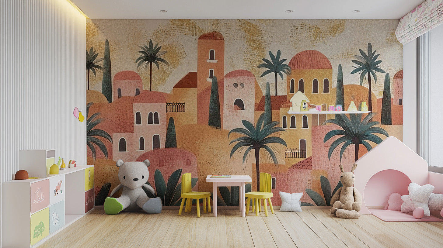 Nursery feels cozy with earthy terracotta mural designs