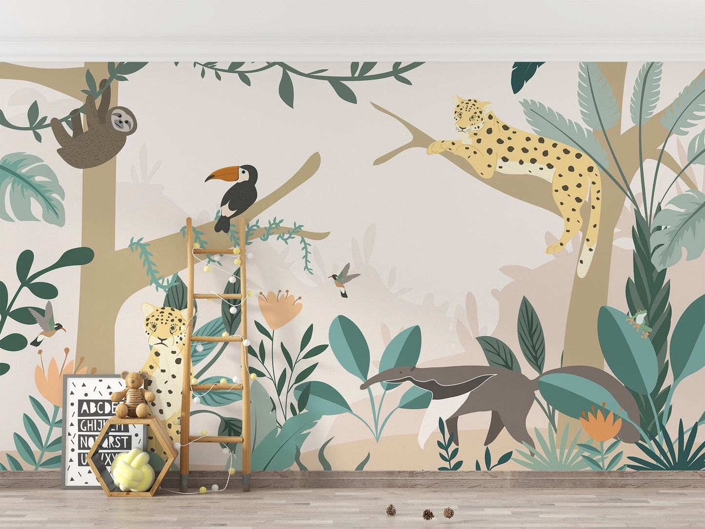 Nursery walls pop with playful jungle animal designs