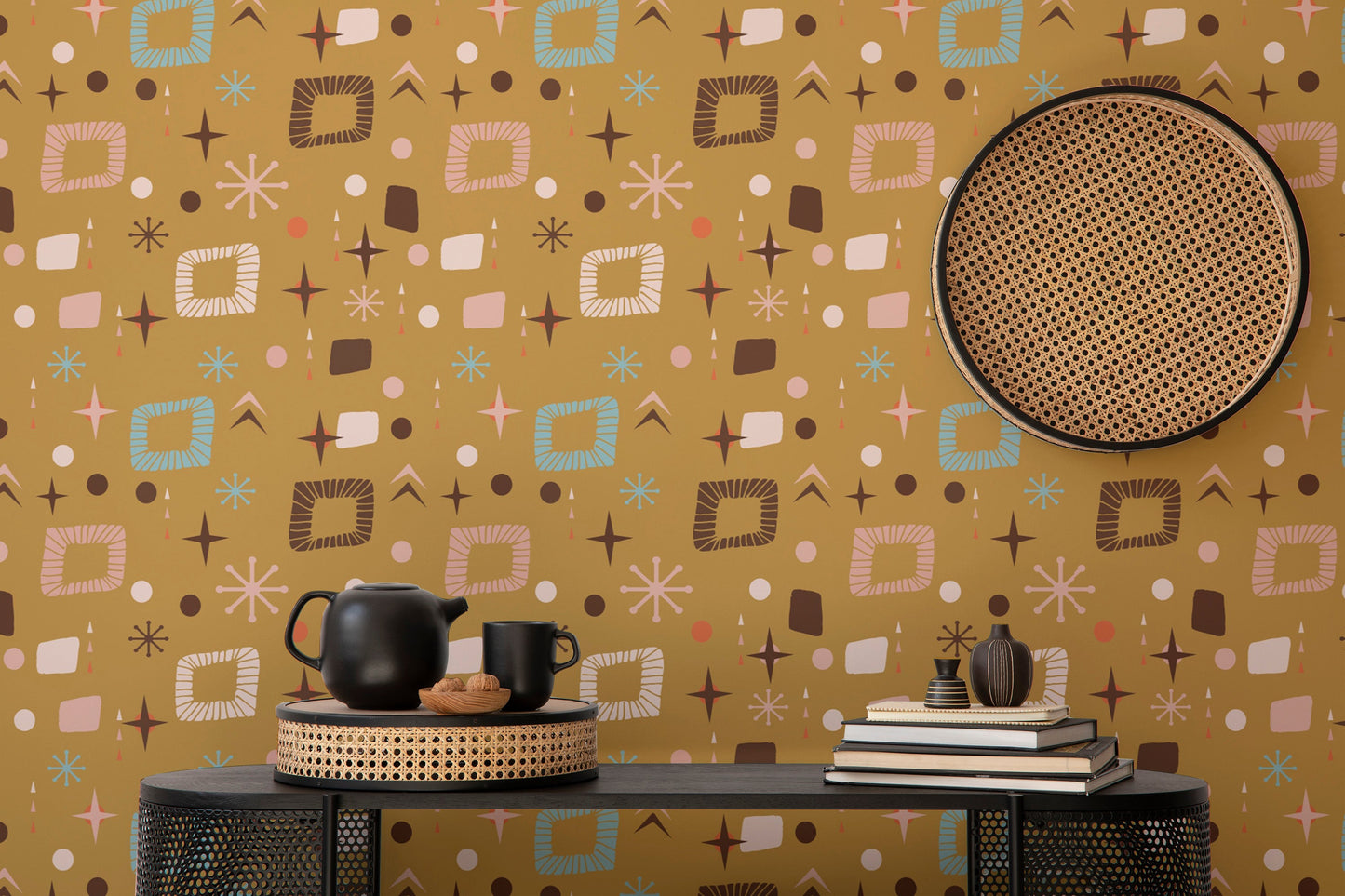 Mid mod mural with geometric abstract patterns
