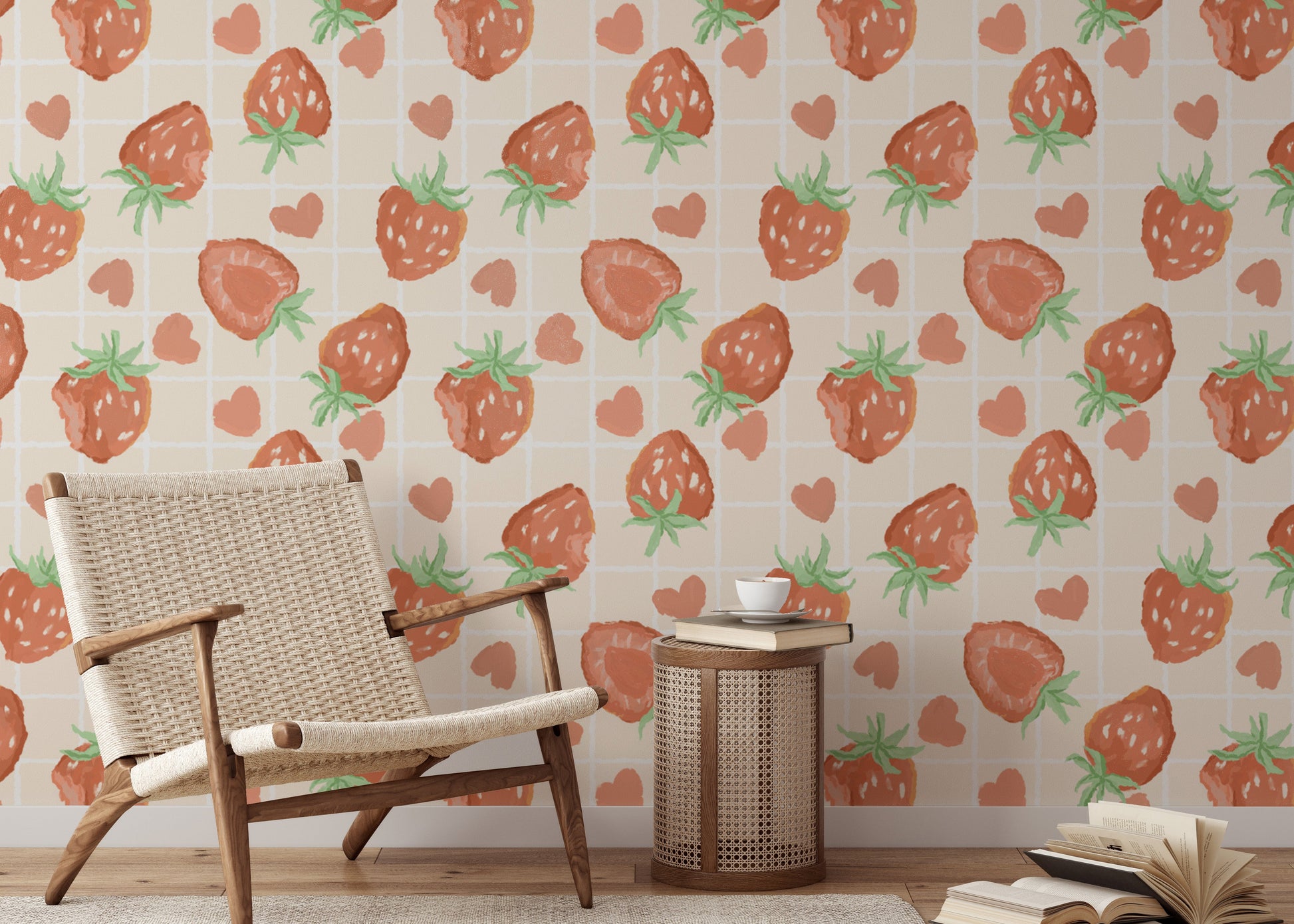 Nature-inspired heartful strawberries mural for a fresh and cozy feel.
