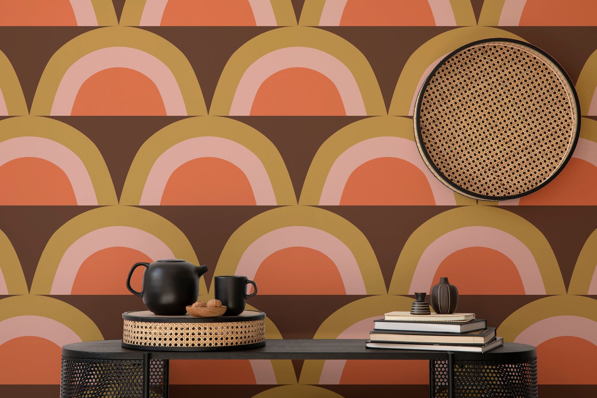 Warm-toned boho rainbow wallpaper design
