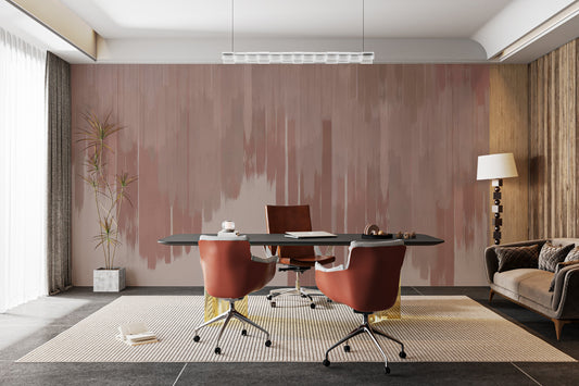 Copper pink foliage wallpaper adds warmth and focus to office decor