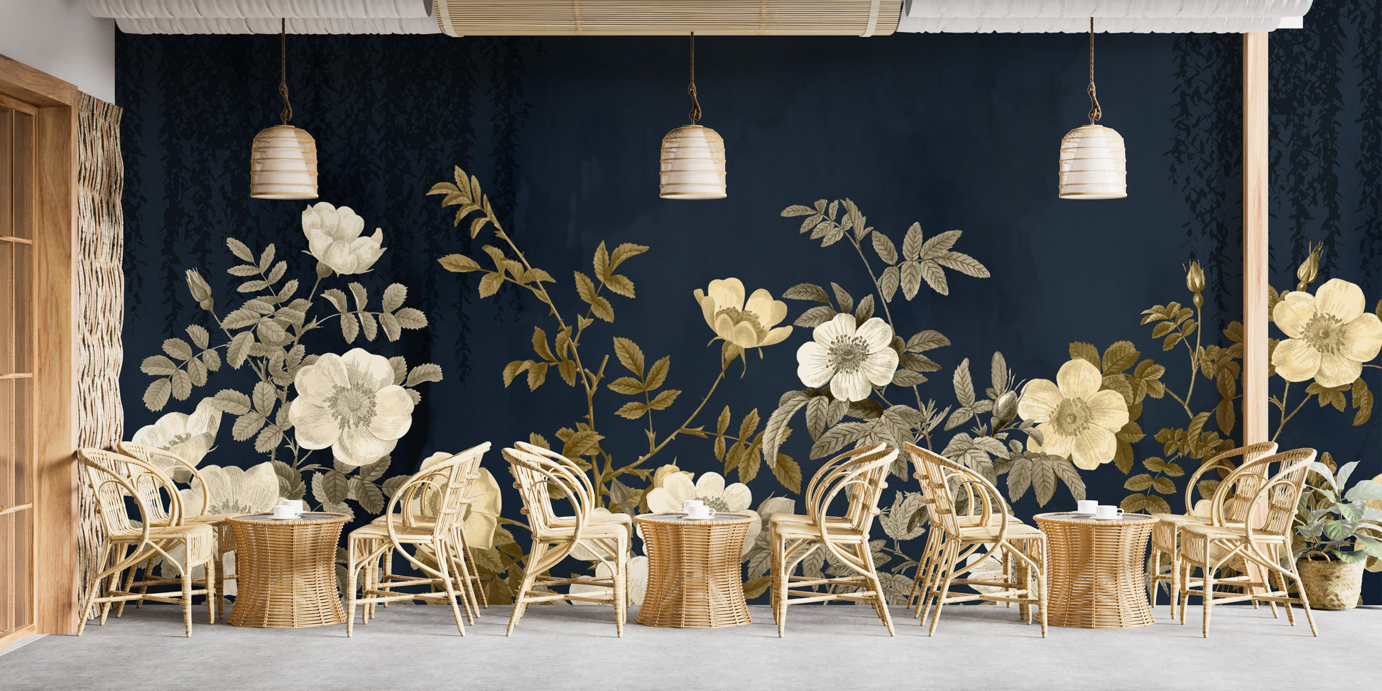 Stunning gold floral mural on a midnight backdrop for sophistication.