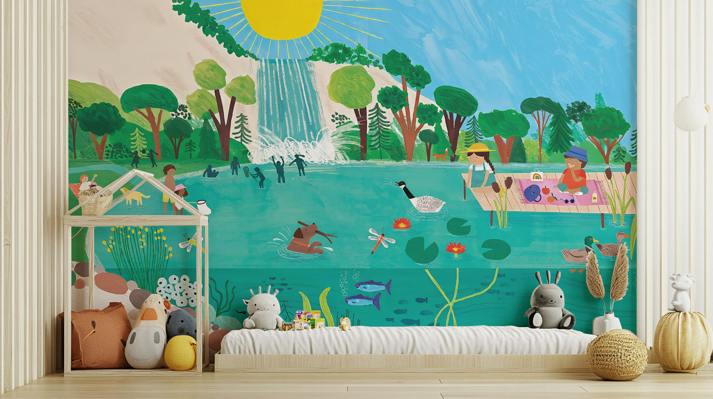 Sunny lakeside mural wallpaper for kids room fun