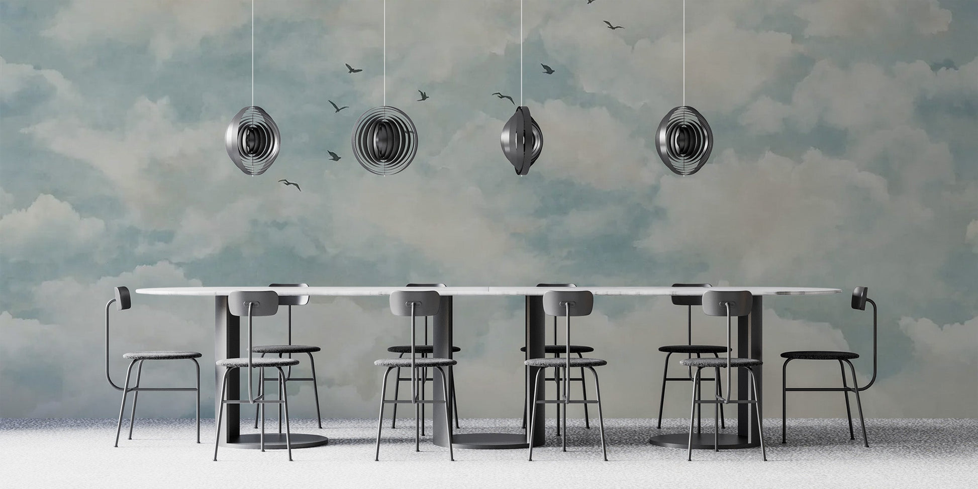 Artistic clouds and birds mural pattern
