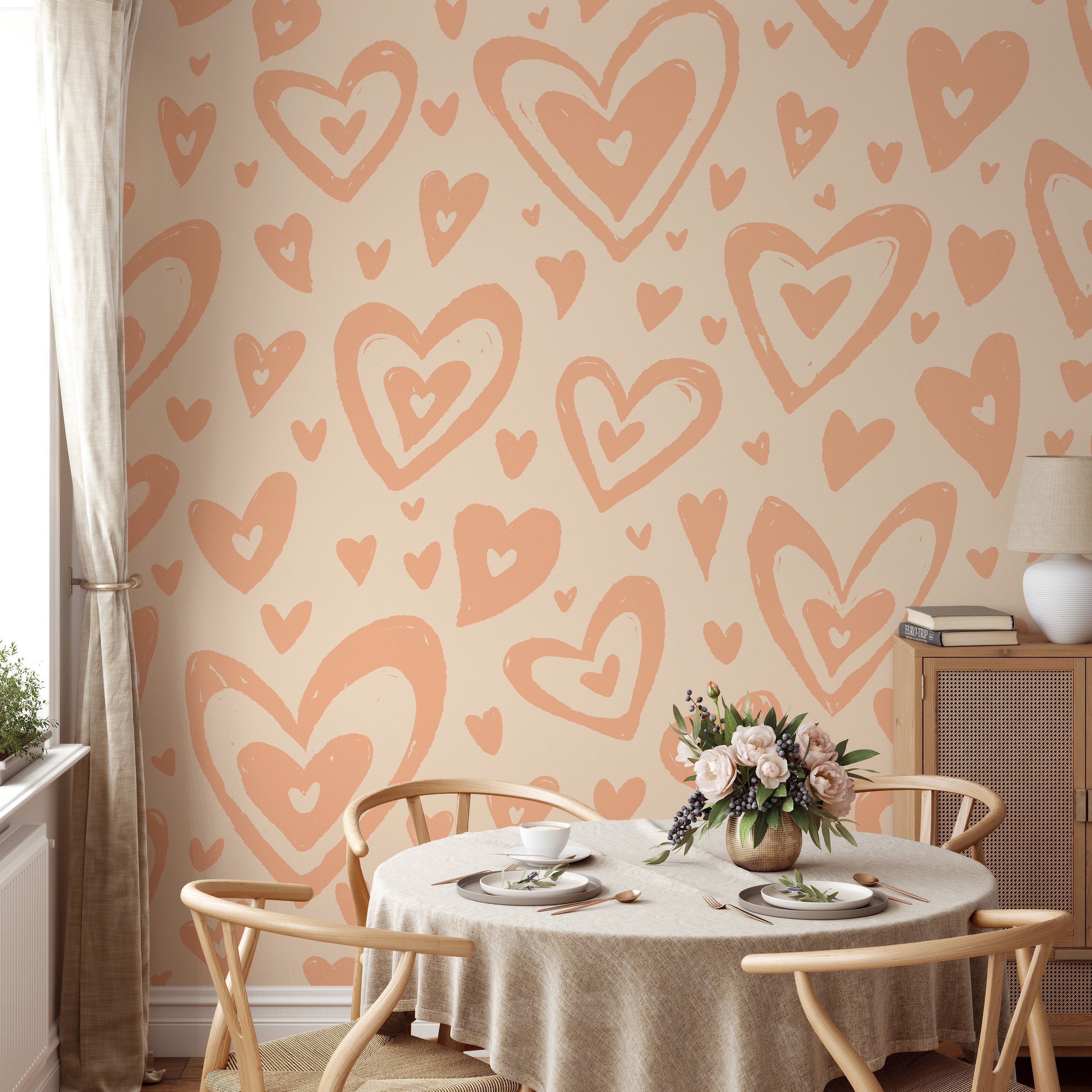 Sweet peach fuzz hearts wallpaper mural for charming interiors.
