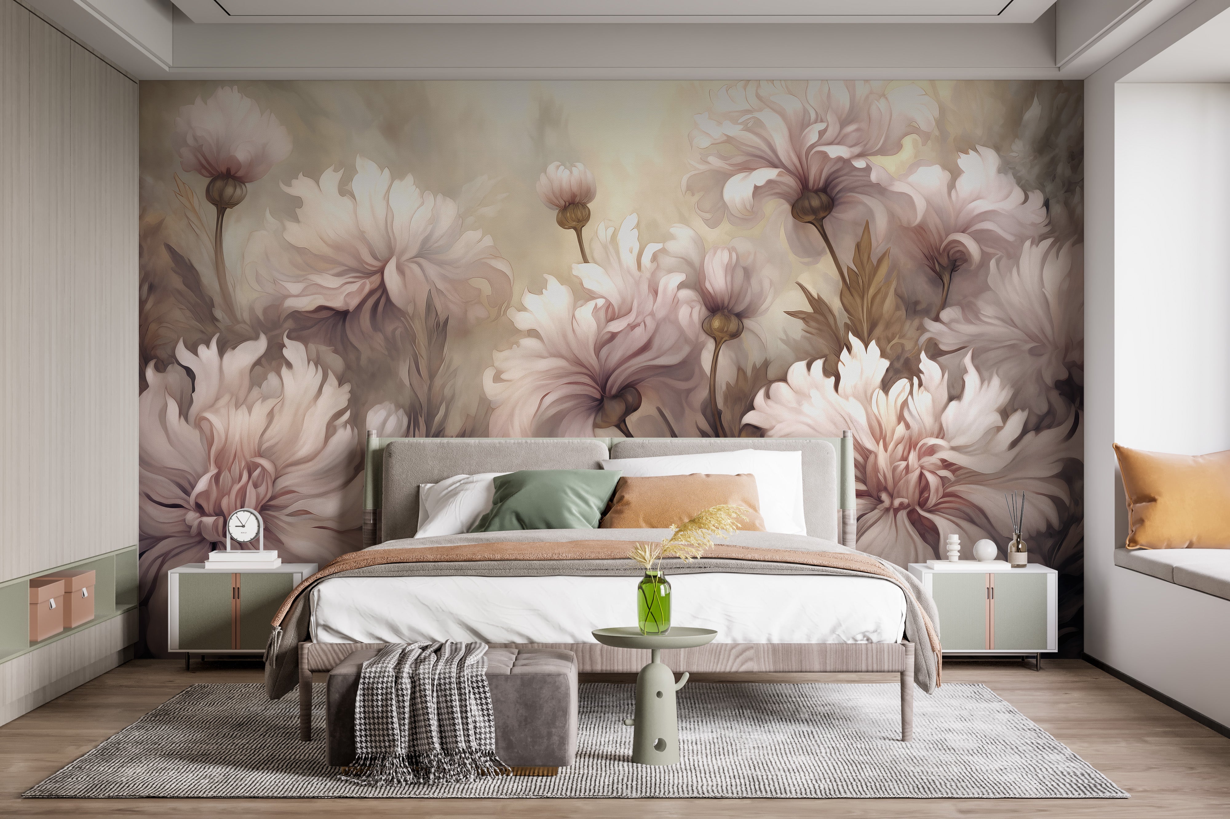 Soft underwater pink flowers mural wallpaper for a serene room atmosphere.
