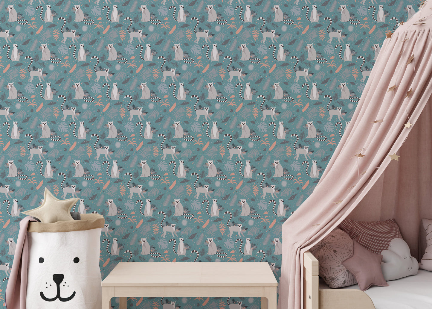 Tropical lemur mural wallpaper pattern