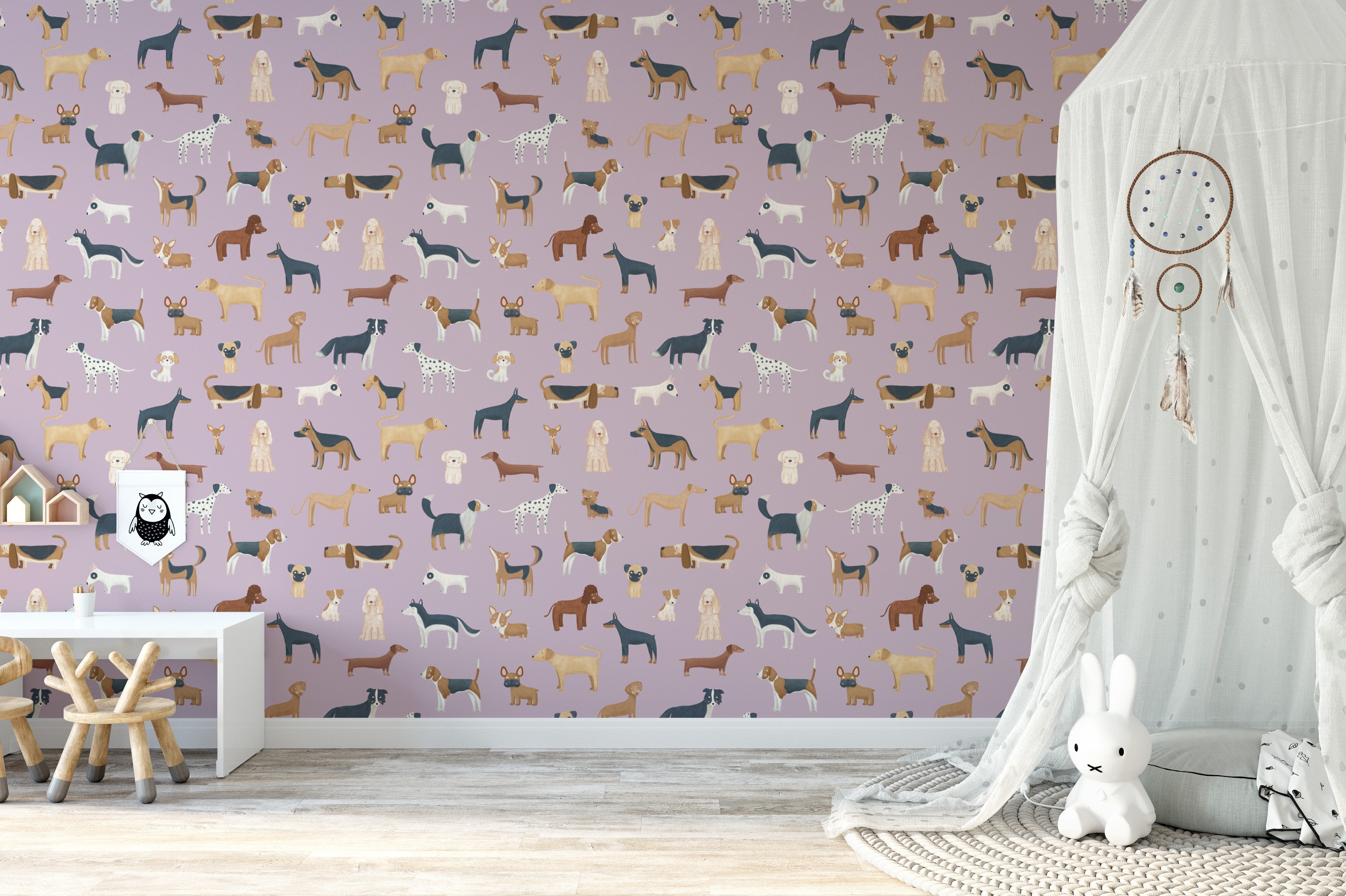 Playful nursery wallpaper with dog motifs
