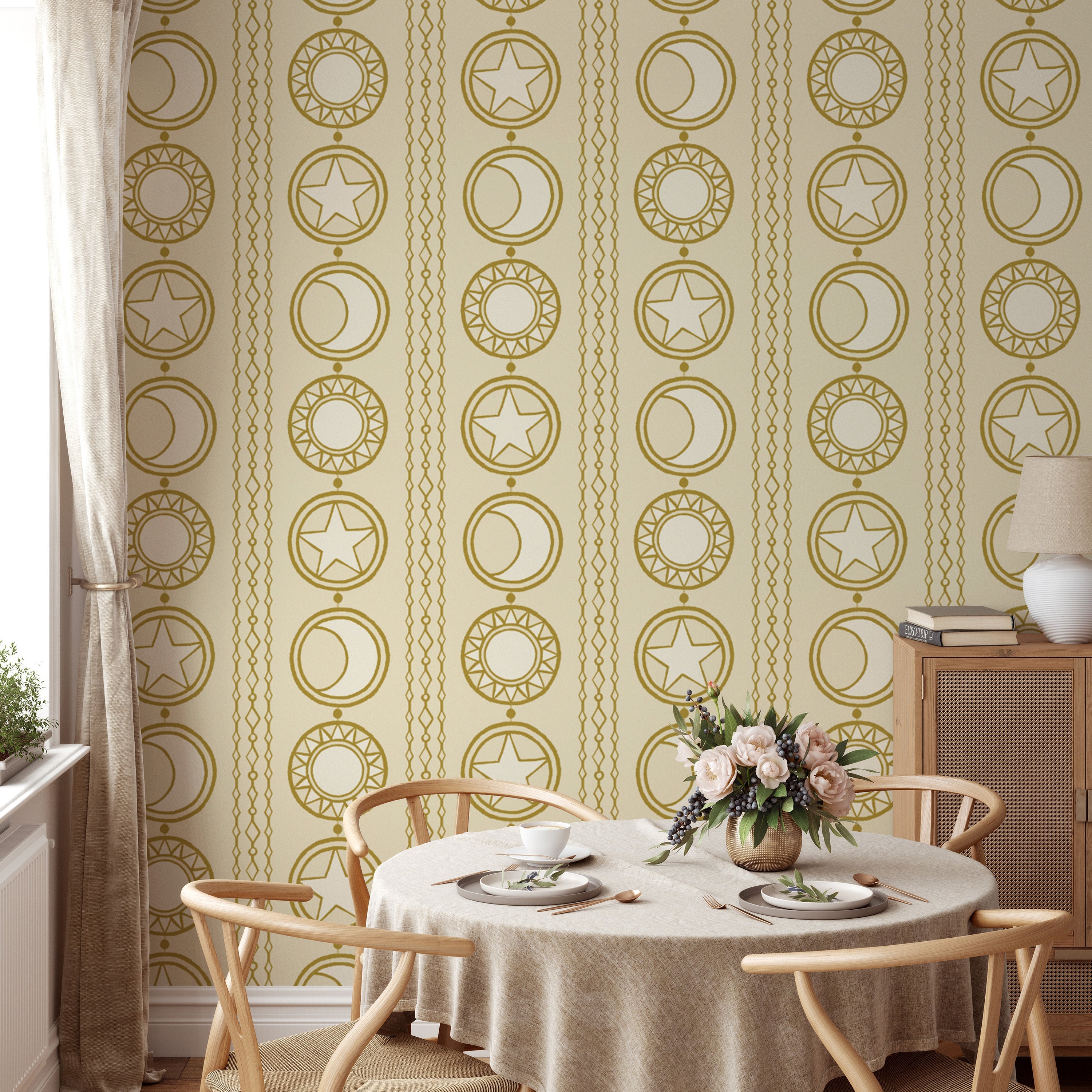 Elegant celestial medallions wallpaper mural for cosmic decor.
