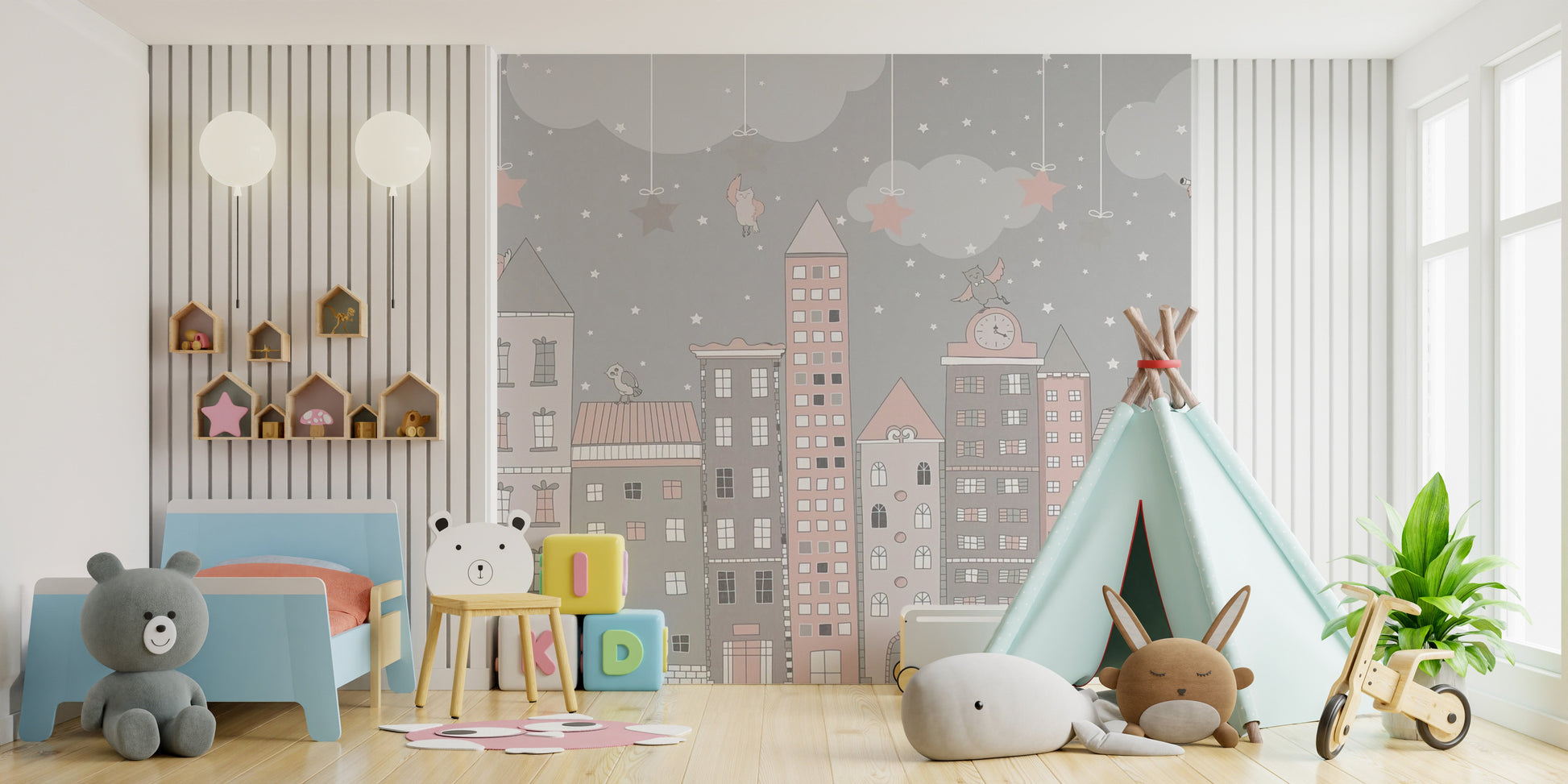 Hand-Drawn Urban Scene Wall Mural
