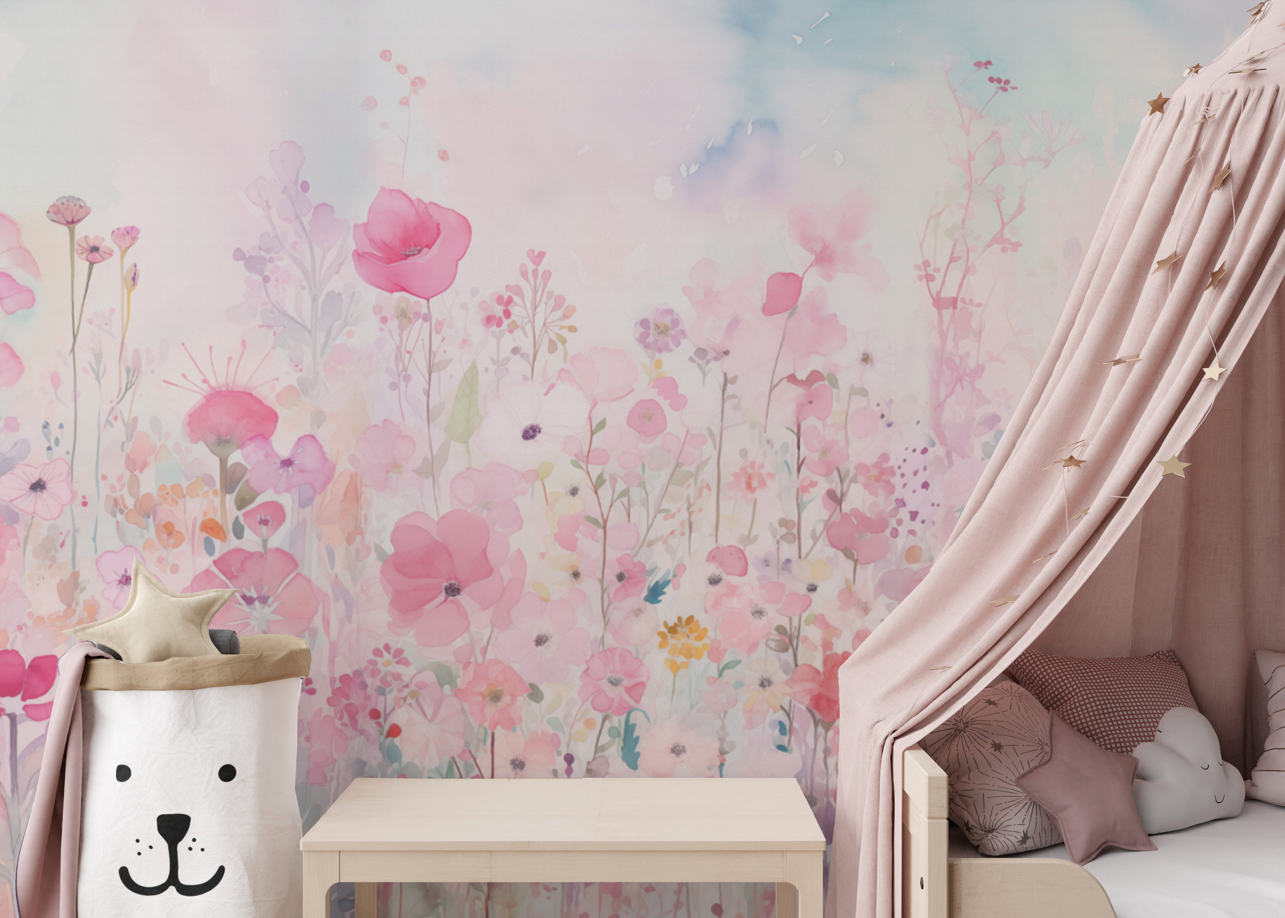 Watercolor Happy Flowers Pink Color Wallpaper - Giffywalls