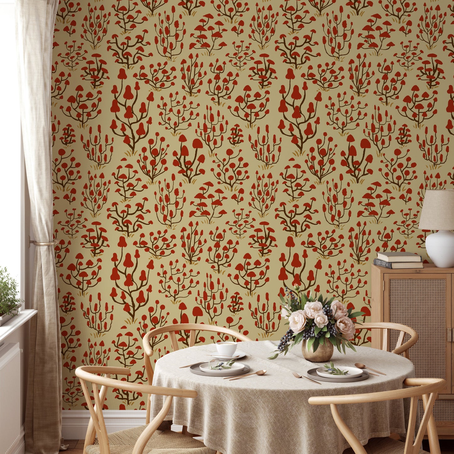 Charming red ditsy mushroom wallpaper for cozy and fun spaces.
