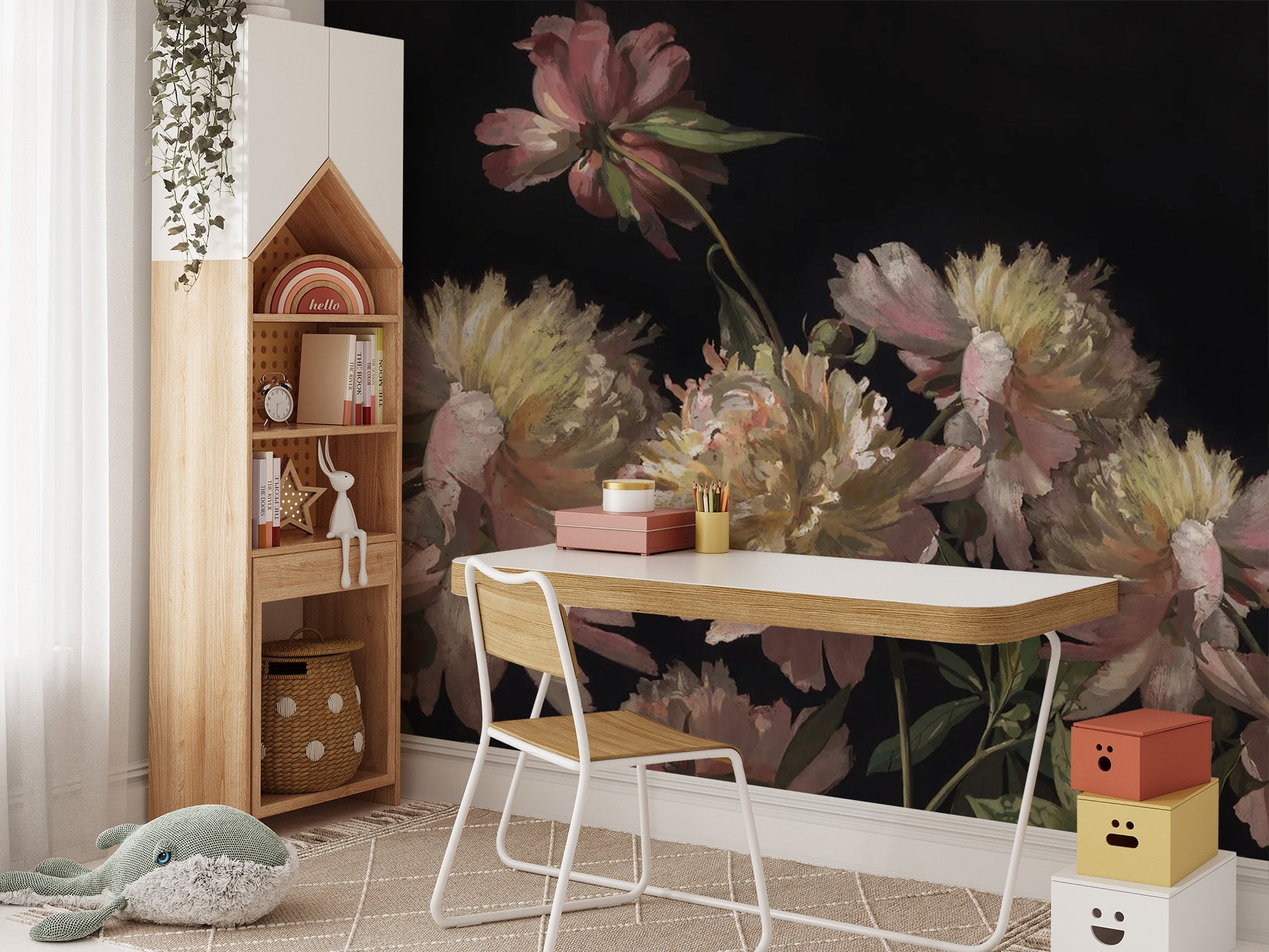 Dreamy flower mural in watercolor tones
