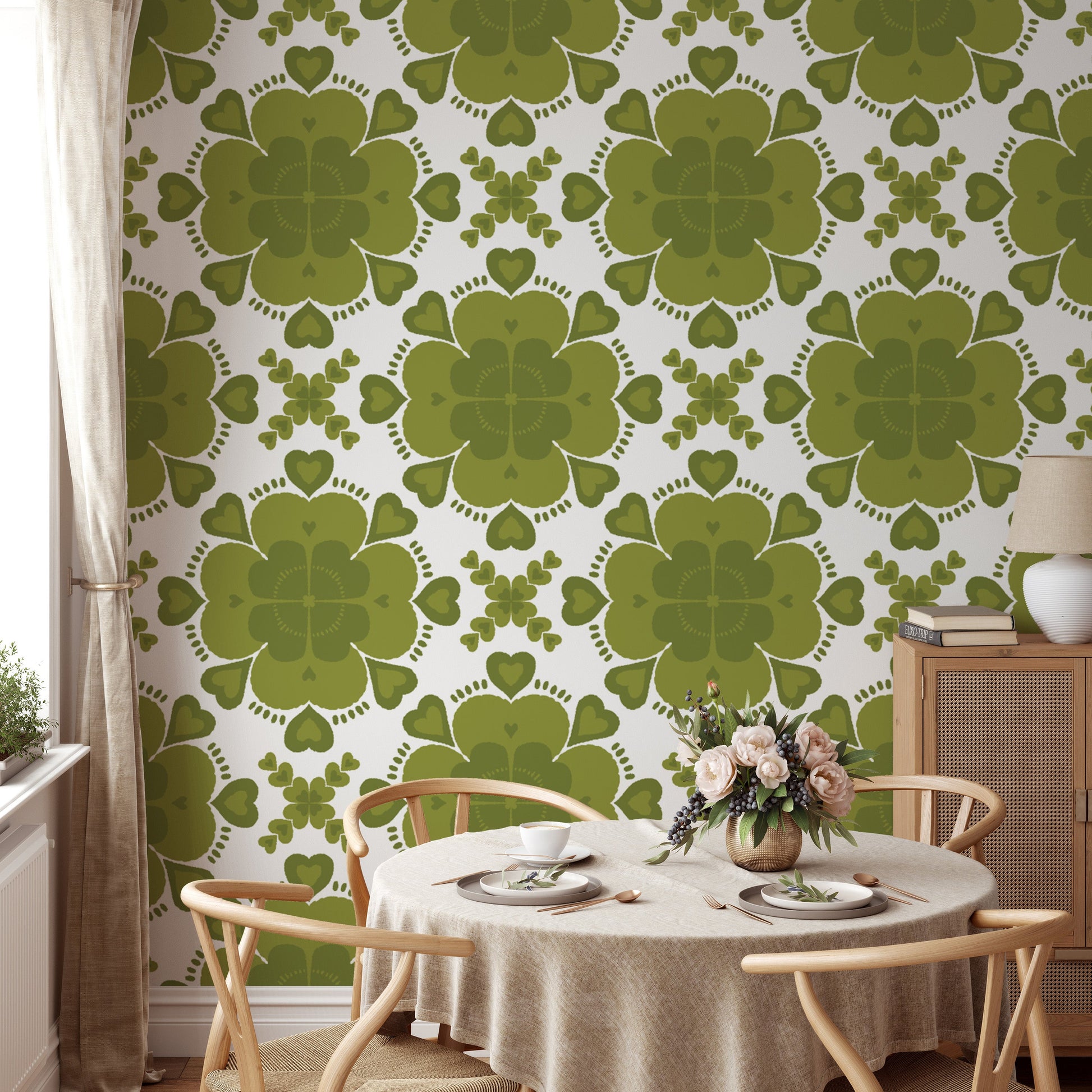 Modern green clover geometric wallpaper for stylish interiors.
