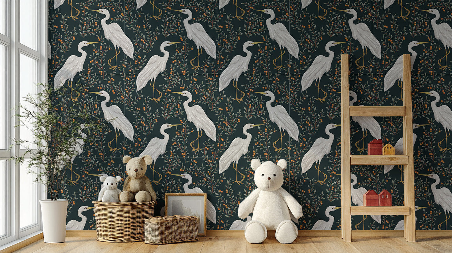 Bird and cranberry plant wallpaper mural