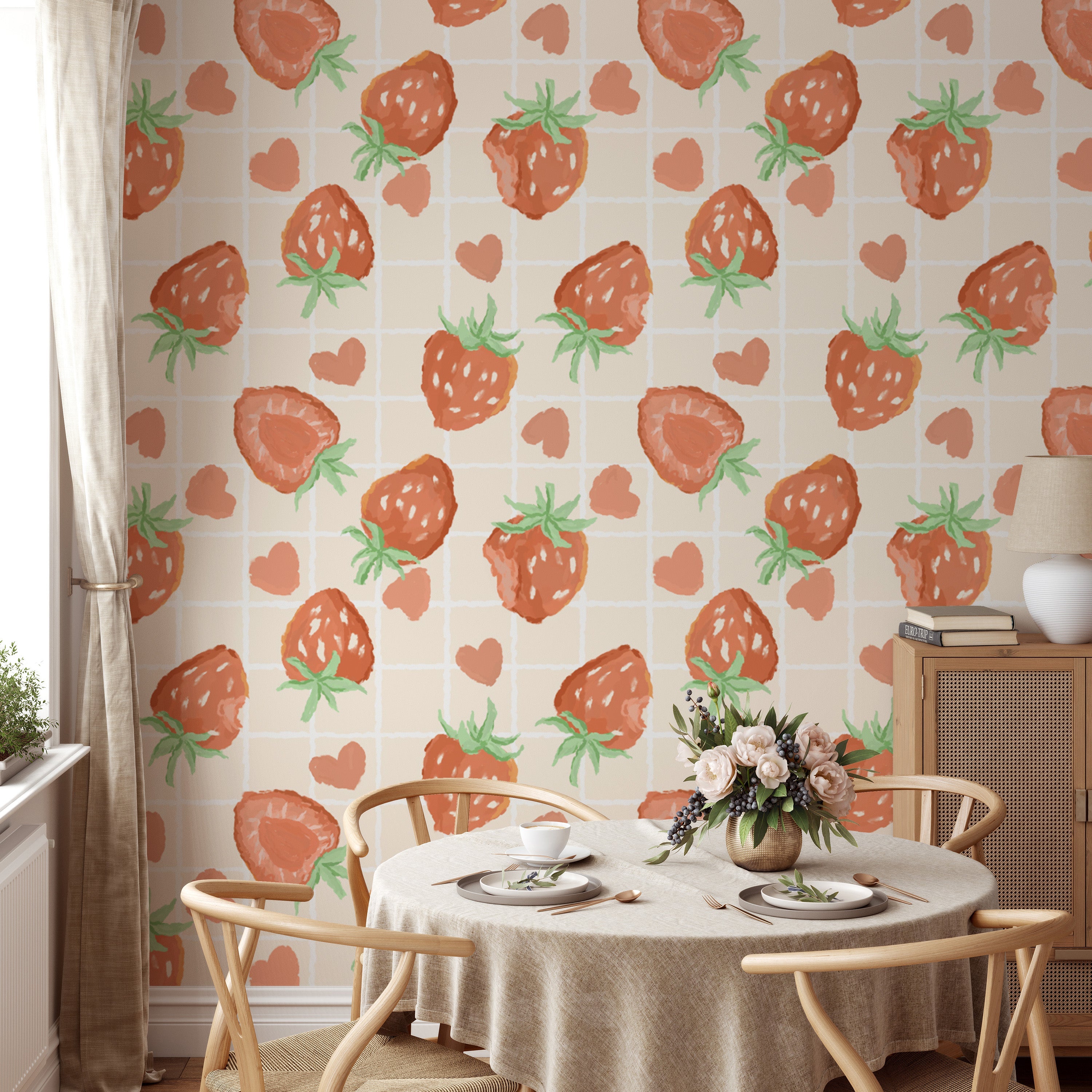 Sophisticated heartful strawberries wallpaper for modern interiors.
