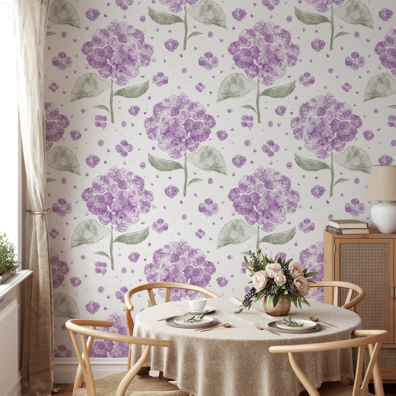 Elegant purple hydrangea in the air wallpaper for serene decor.
