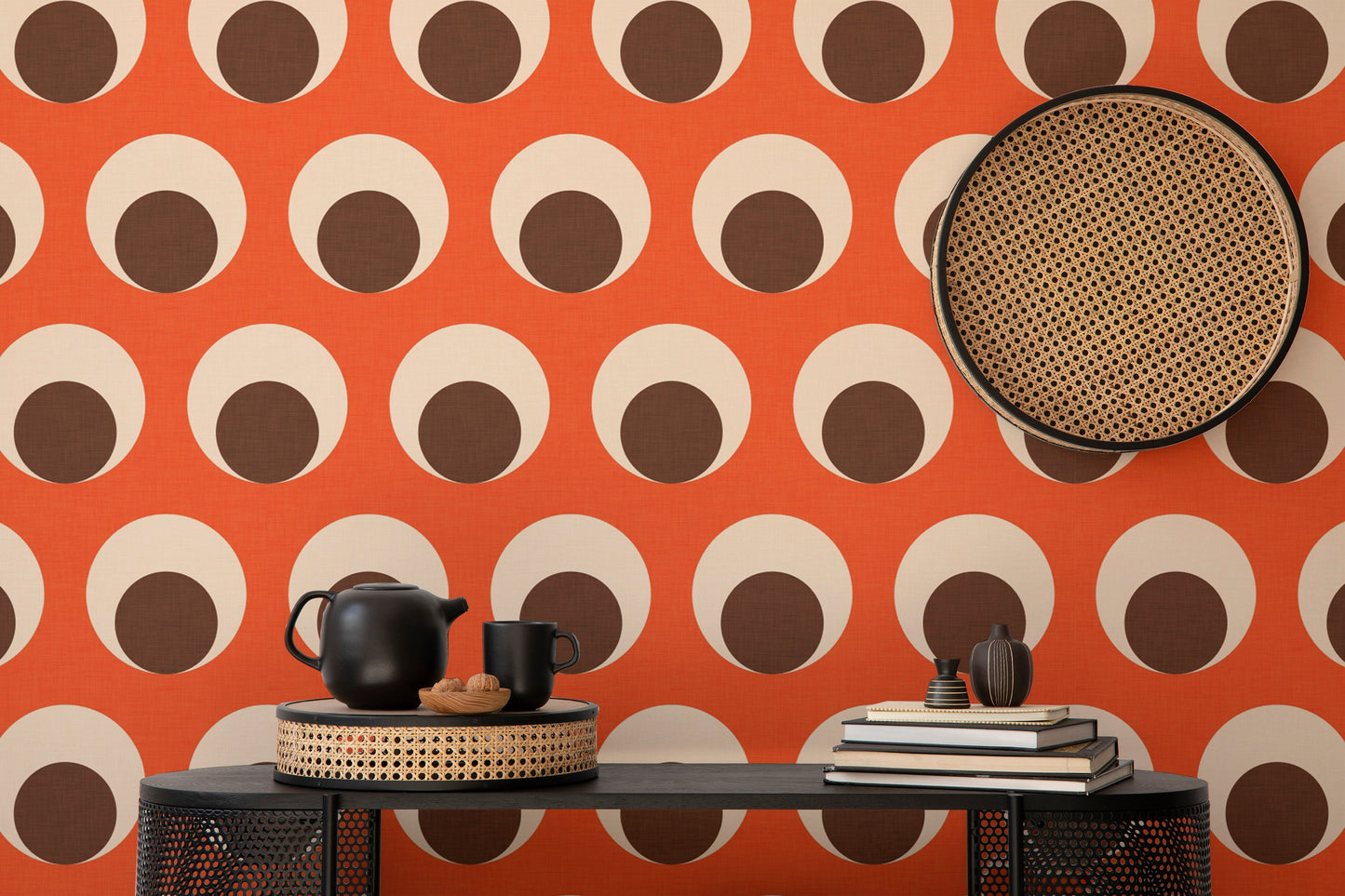 Vintage-inspired eye design orange wallpaper
