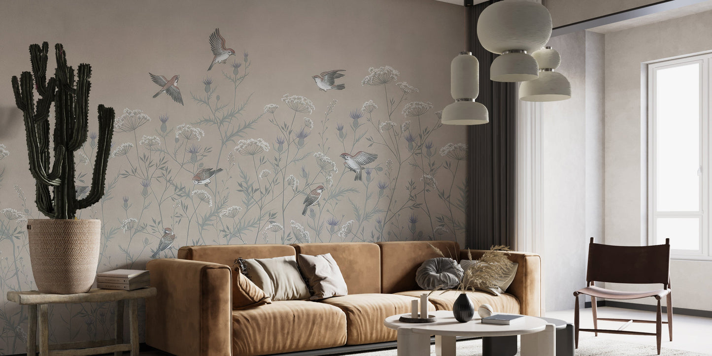 Graceful bird-themed mural for living room decor