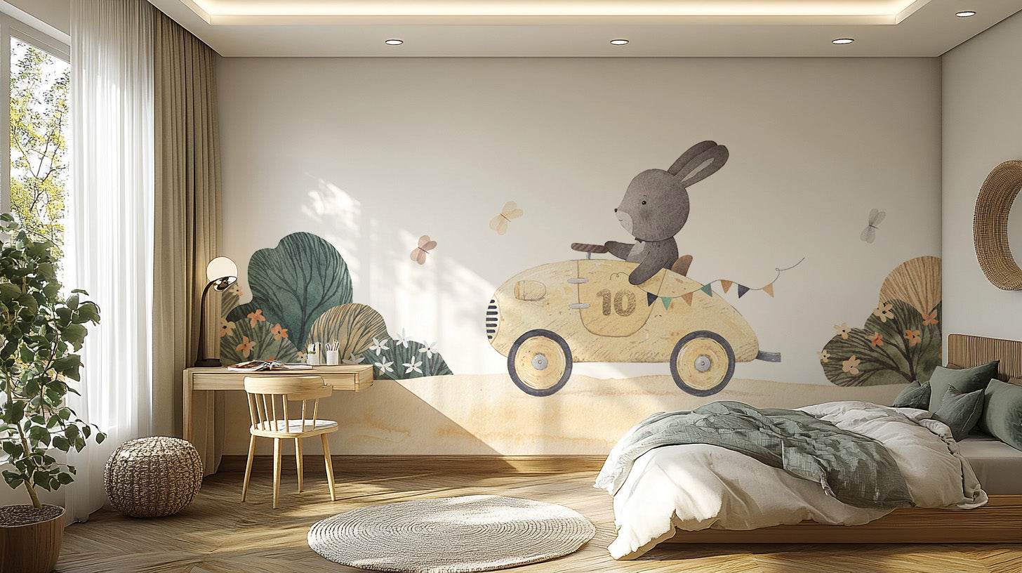 Playful Bunny Car Ride Kids Wall Mural - Giffywalls