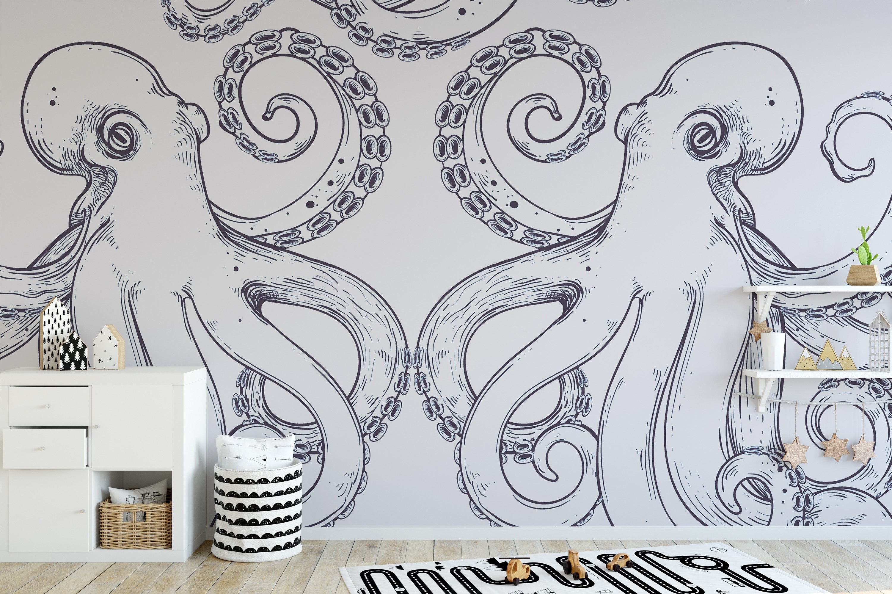 Kids’ room gets a nautical touch with octopus wallpaper