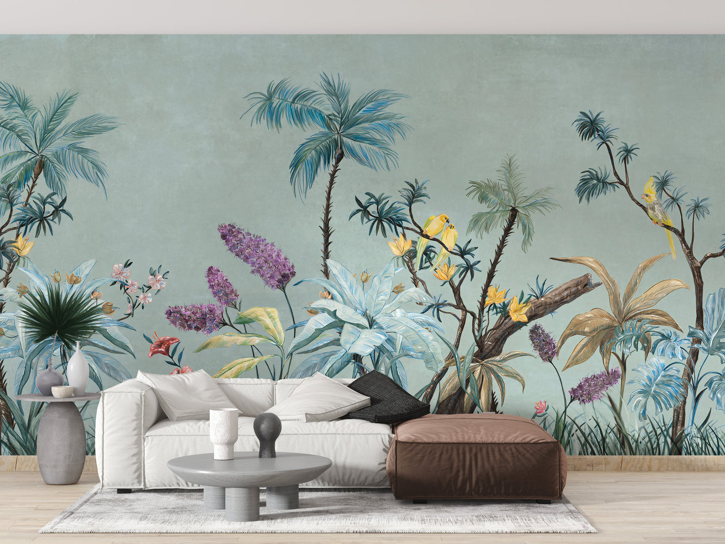 Artistic boho flowers wallpaper with soft green undertones.
