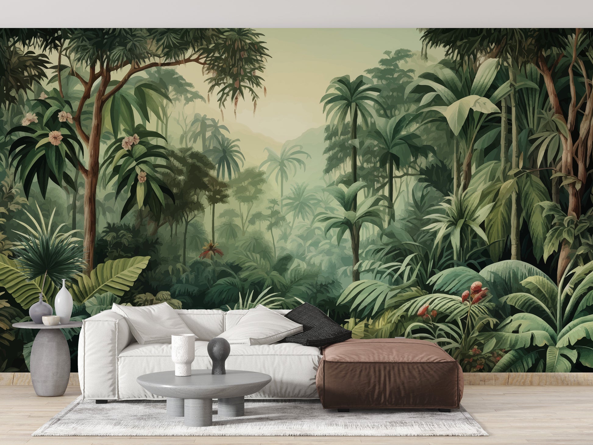 Misty Forest Colorful Tropical Scene Tree Wallpaper Mural - Giffywalls