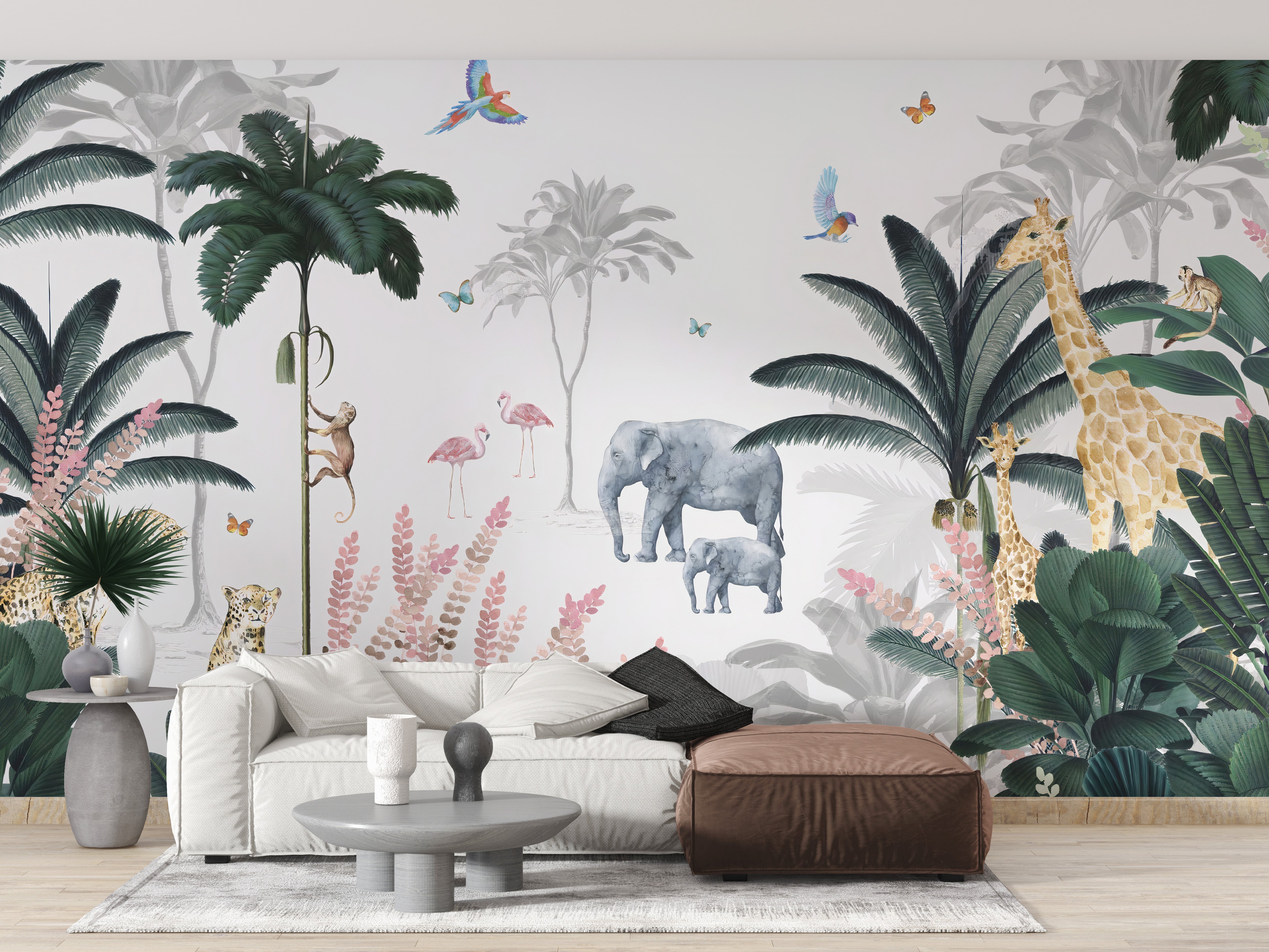 Vibrant tropical safari wallpaper mural for playful kids' rooms.
