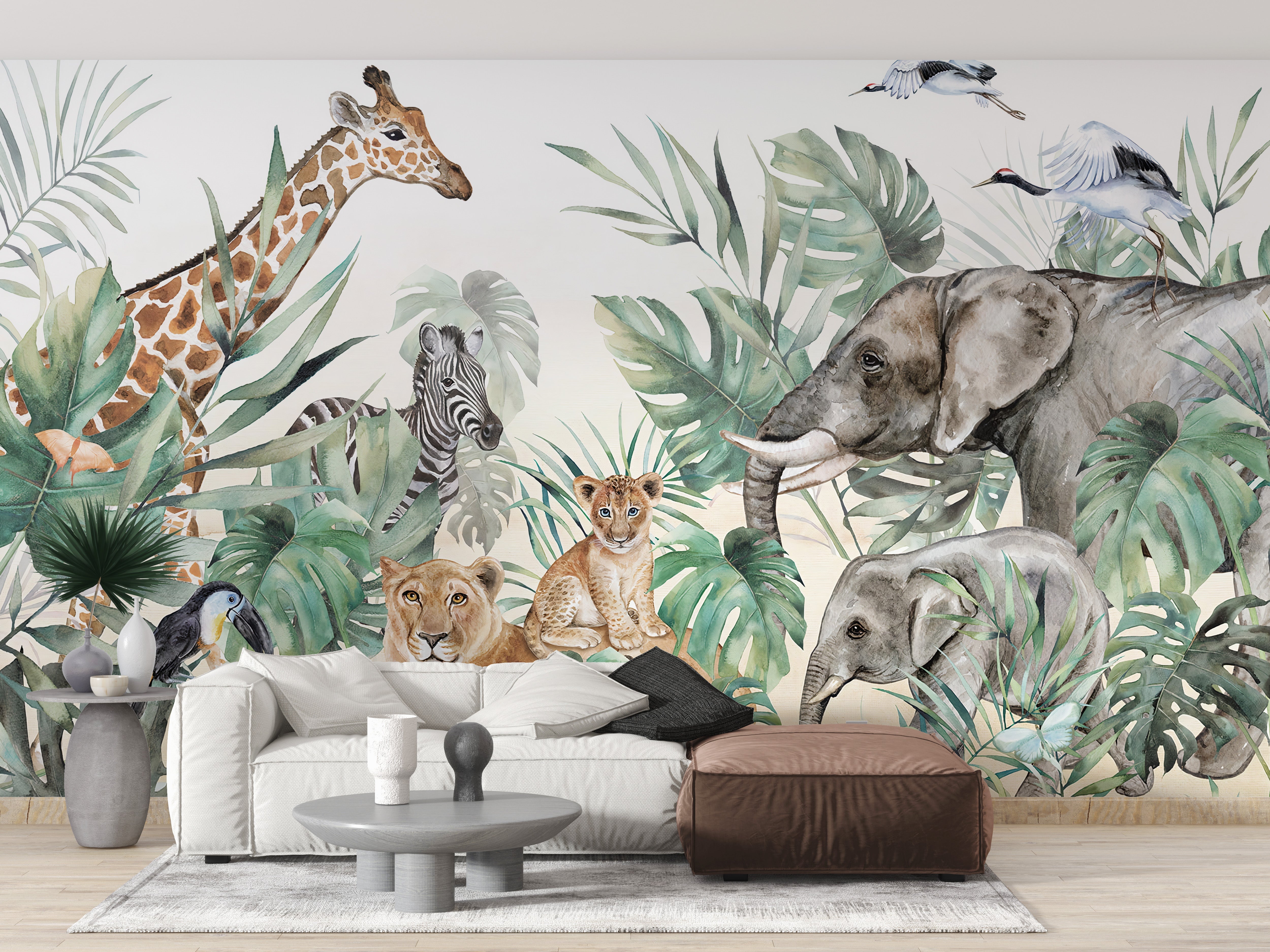 Artistic royal animals wall mural in soft tones
