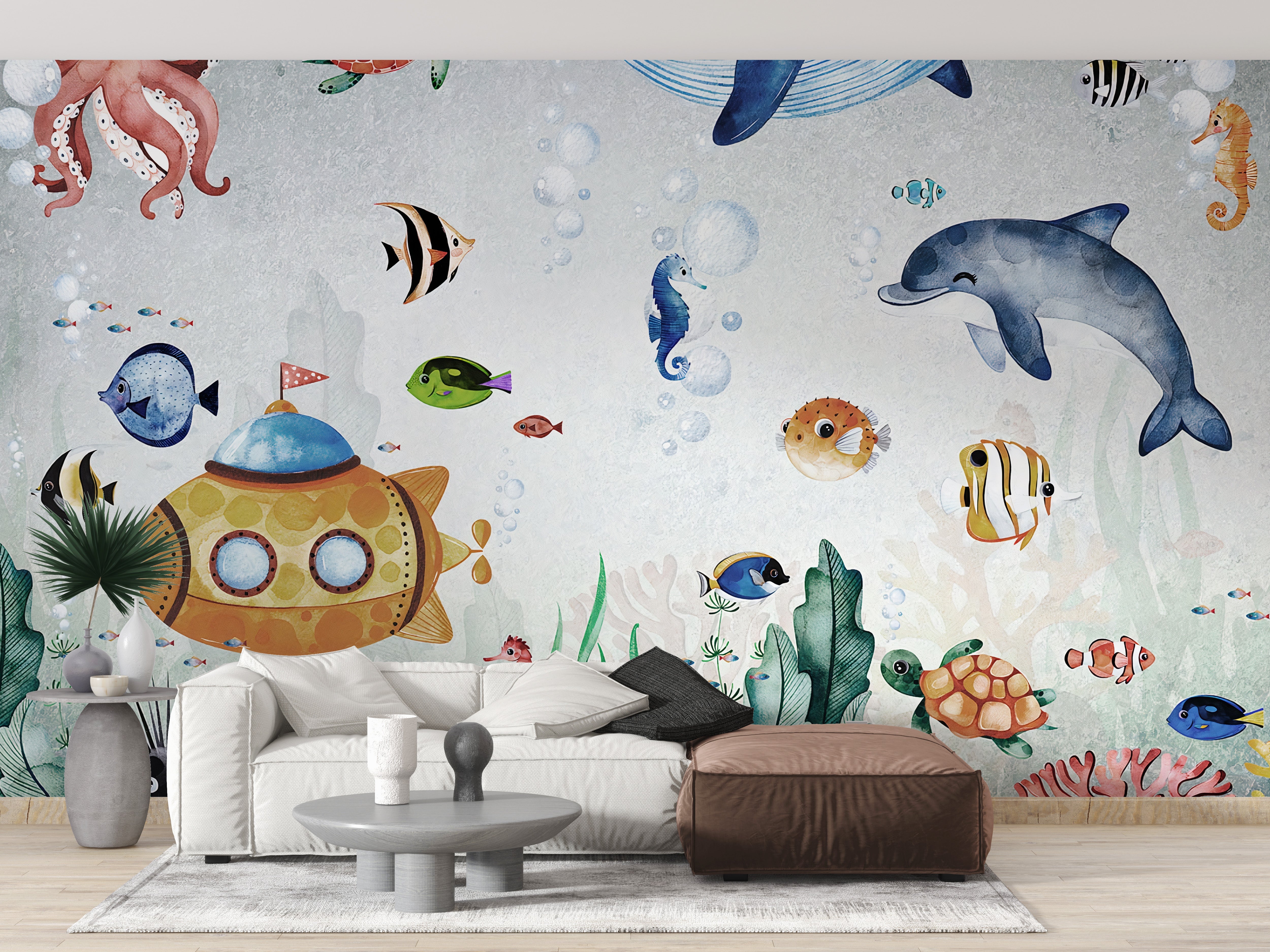 Underwater whales wall mural with elegance
