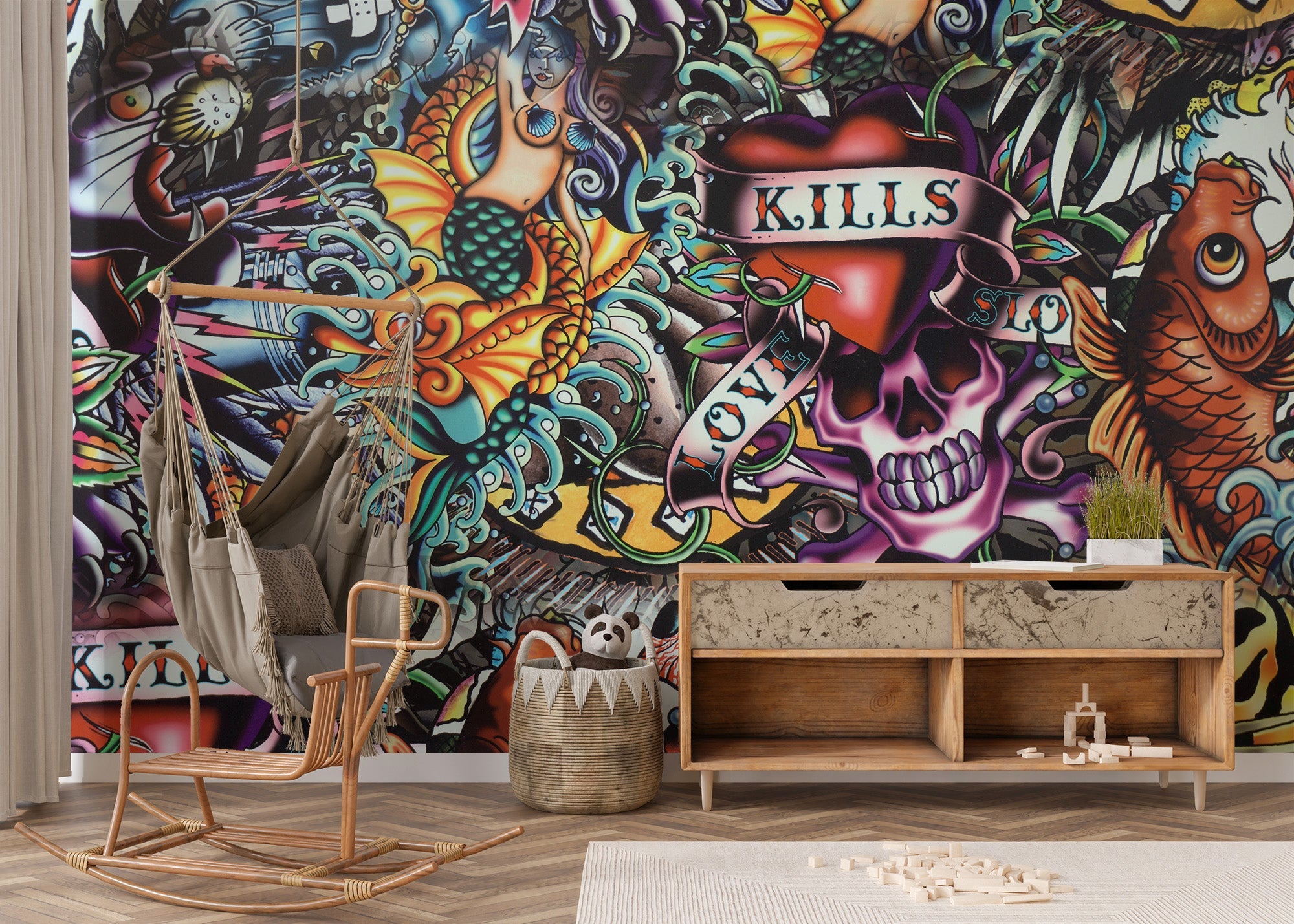 Bold graffiti wallpaper featuring colorful tattoo elements.
