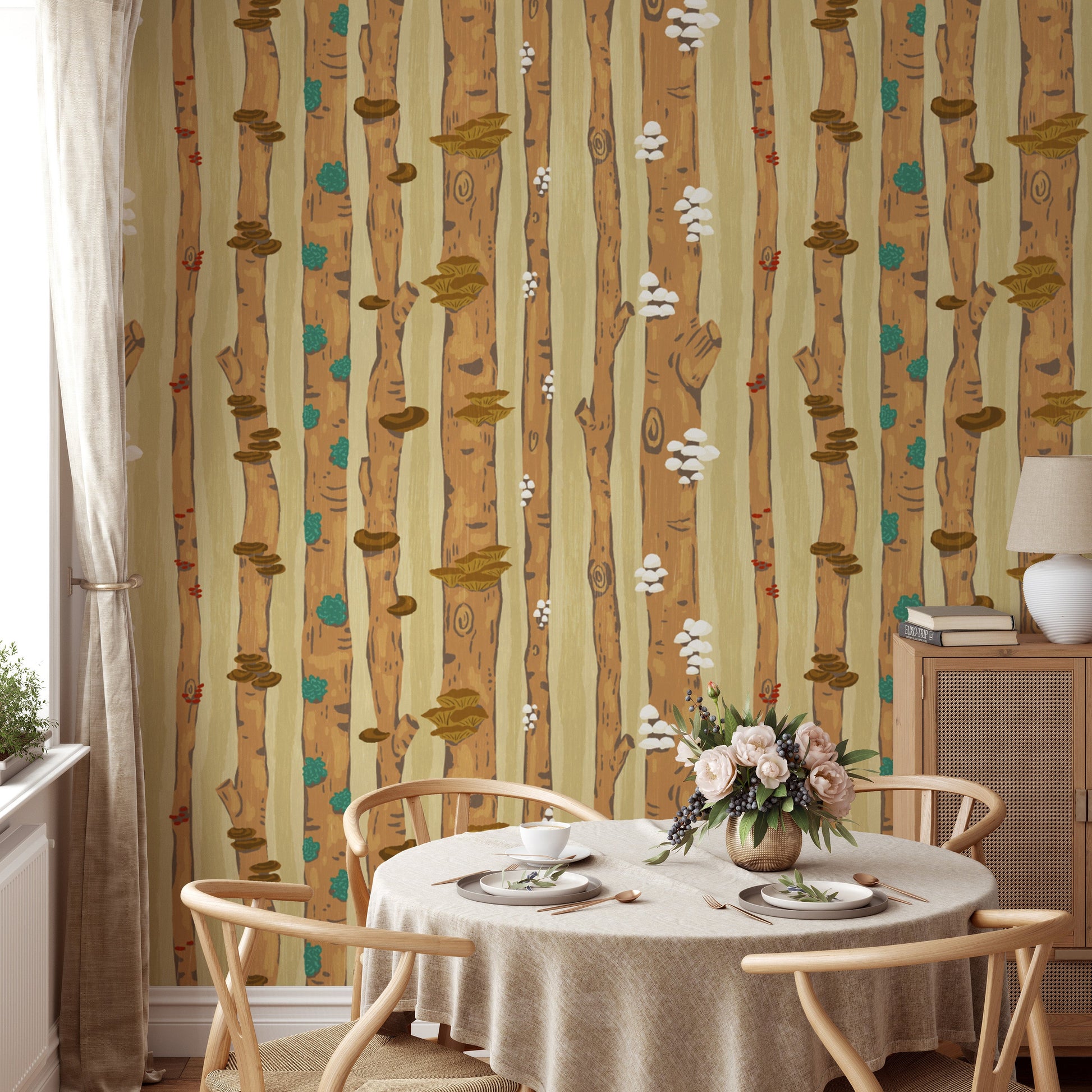 Artistic tree trunk mushroom wallpaper for a unique wall statement.
