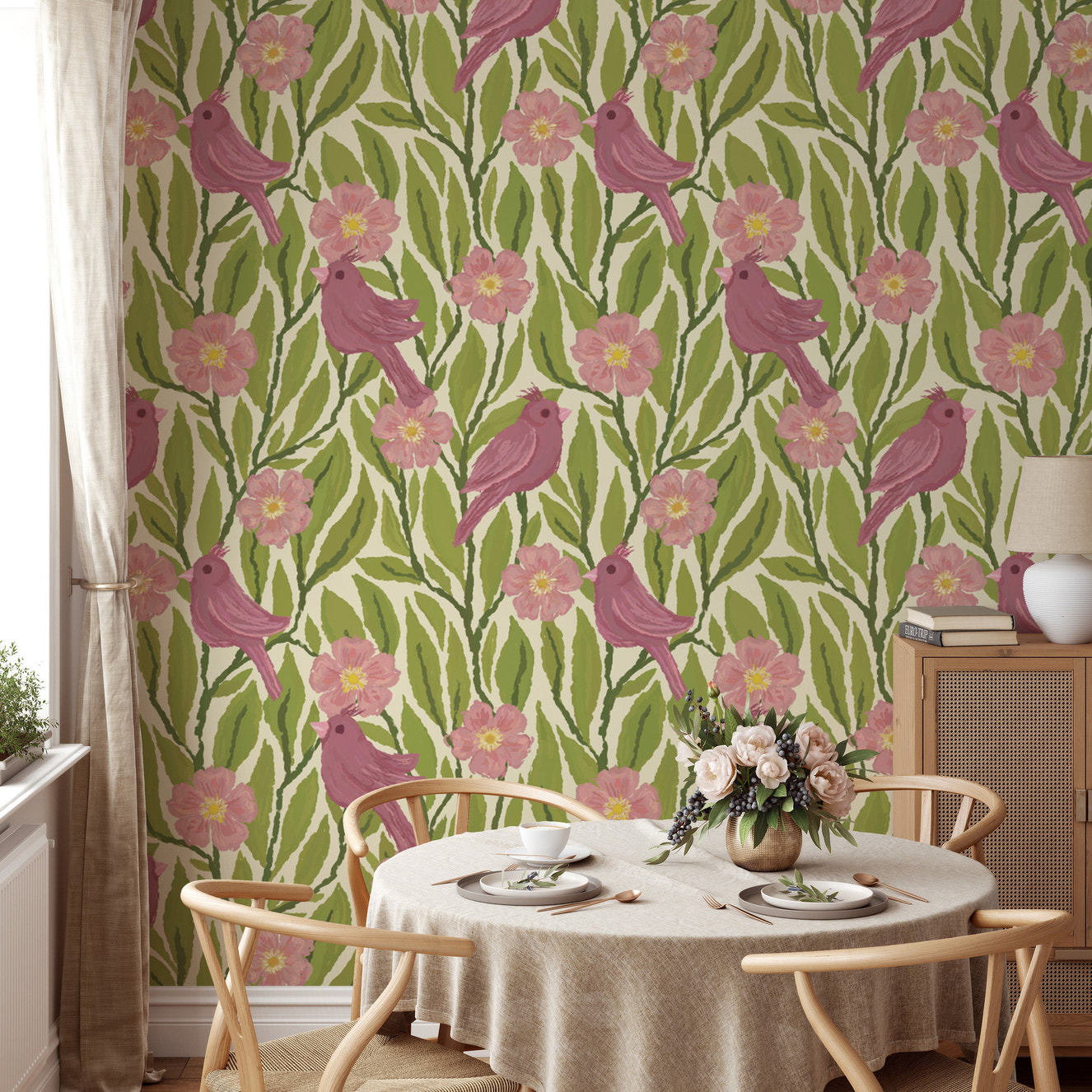 Charming pink birds and flowers wallpaper for a romantic vibe.