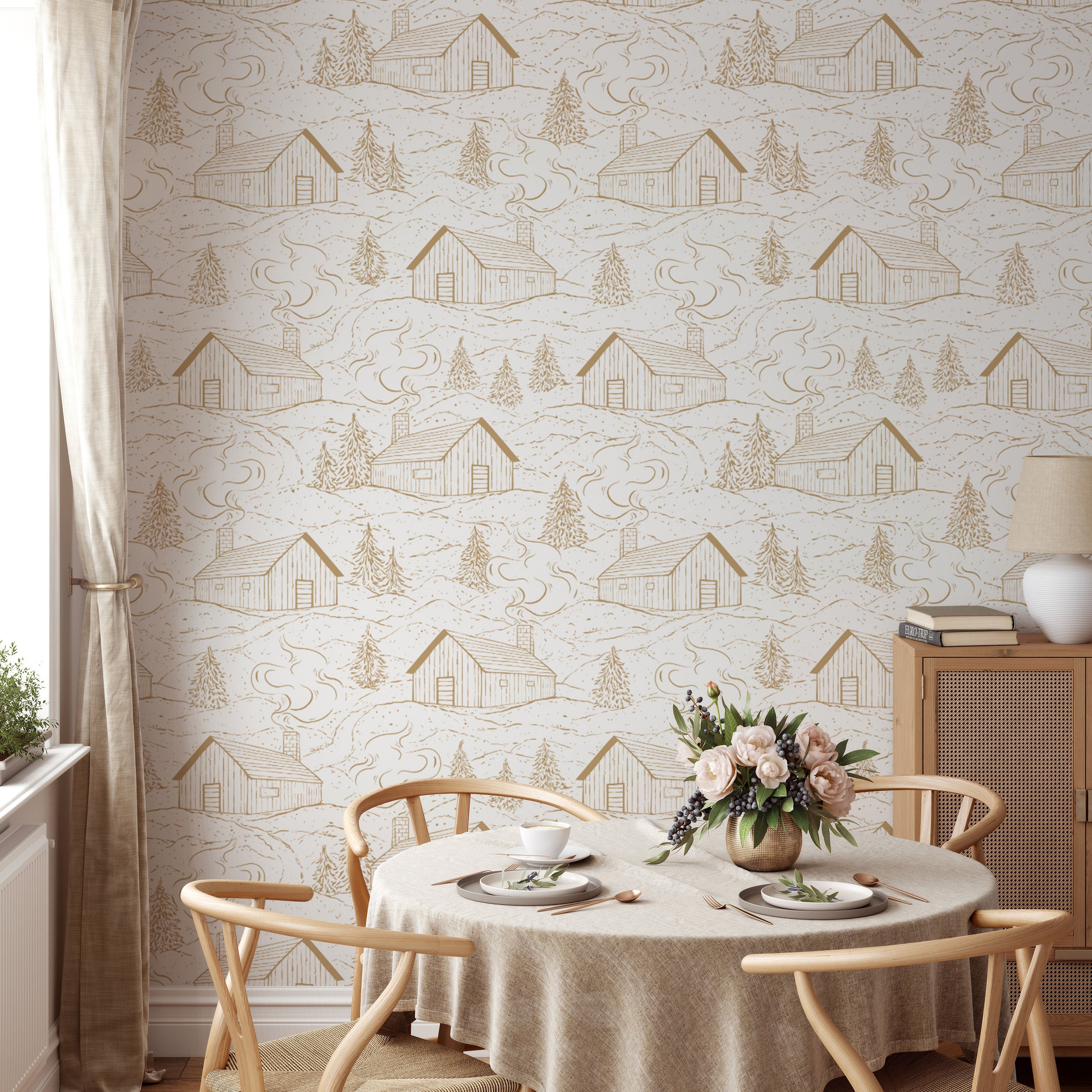 Nature-inspired smokey cabins tan wallpaper for serene vibes.
