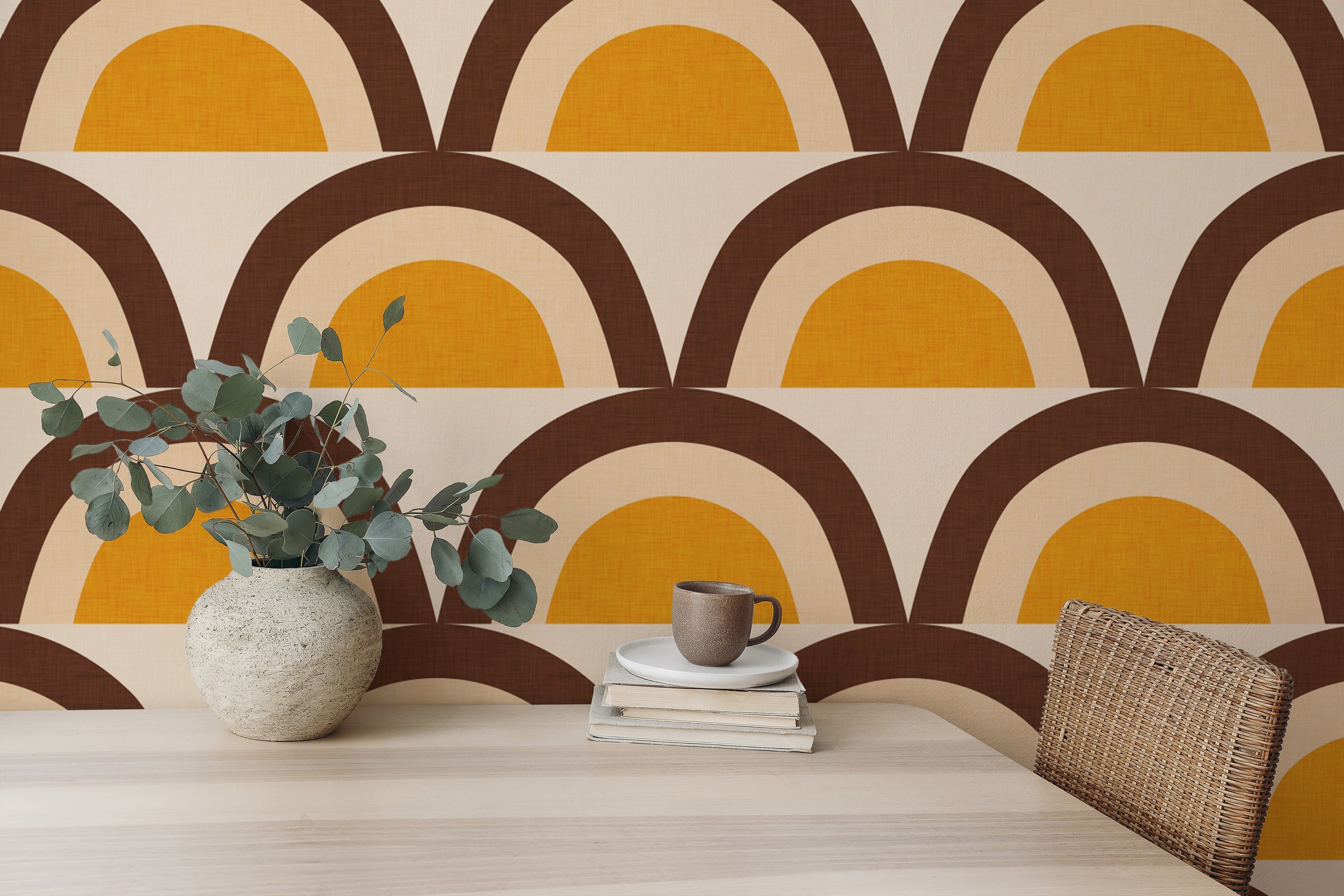 Mid-century mural design in beige and yellow
