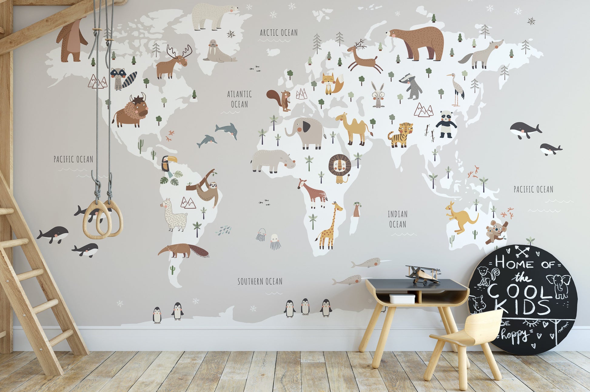 Cute kids wallpaper featuring map and animals
