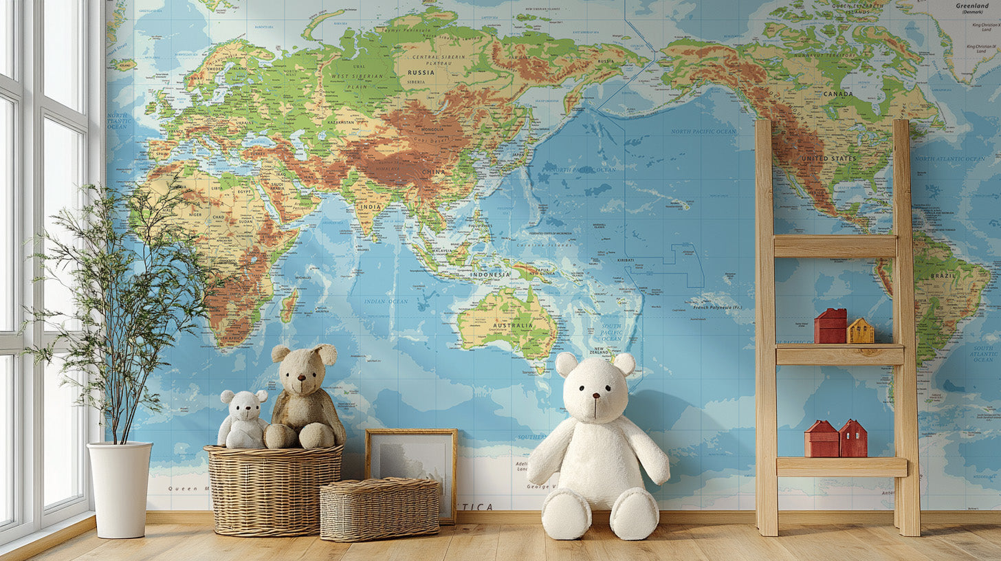 Pacific View Detailed World Map Wallpaper Murals - Giffywalls