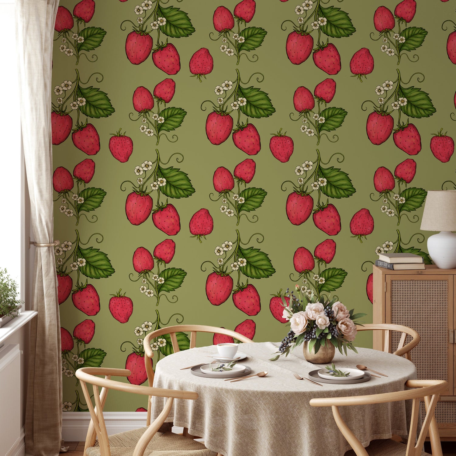 Charming pink trailing strawberries wallpaper for sweet decor.
