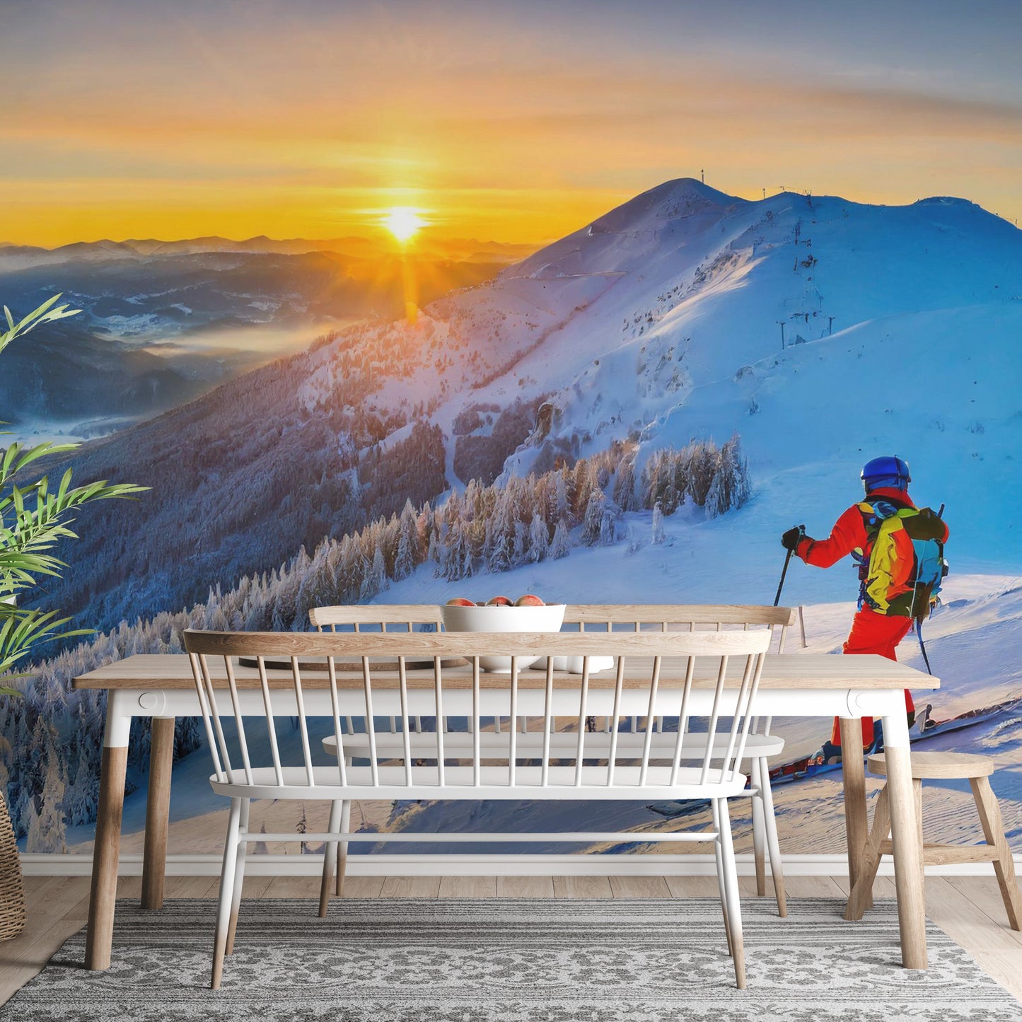 Vibrant skiing-themed wallpaper mural for stylish living rooms.